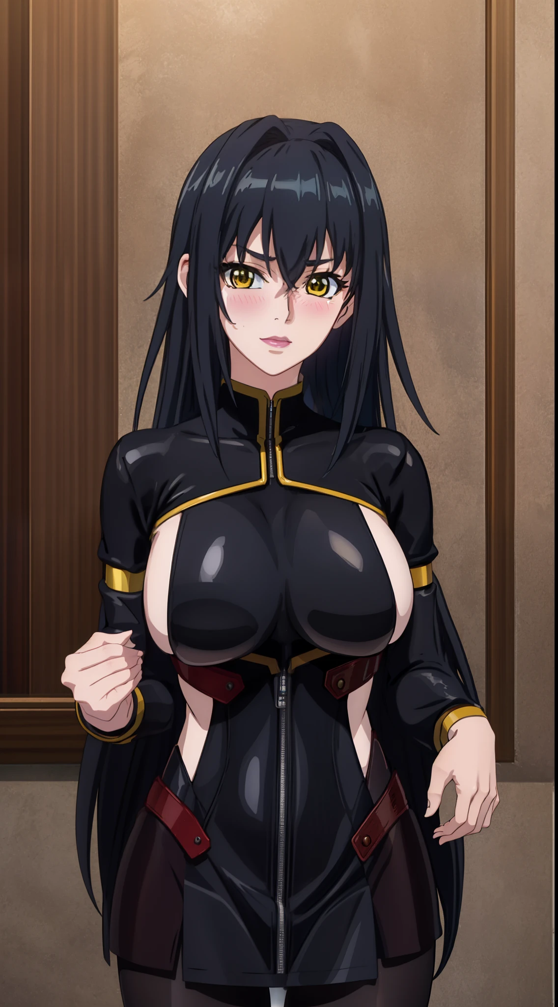 professional artwork, Intricate Details, sharp focus, detailed painting, photorealistic lighting, trending on pixiv, Standing at attention, ((black outfit ,yellow collared shirt,black and red bodysuit,skin_tight,black legwear, black pantyhose, Side_boob)), (((fully suited:1.5))) black hair,very long hair, Bangs,yellow eyes,makeup, lipstick, 40yo,mature female,Beautiful Finger,Beautiful long legs,Beautiful body,Beautiful Nose,Beautiful character design, perfect eyes detail, perfect face, looking at viewer,official art,extremely detailed CG unity 8k wallpaper, perfect lighting,Colorful, Bright_Front_face_Lighting, (masterpiece:1.0),(best_quality:1.0), ultra high res,ultra-detailed, photography, 8K, HDR, highres, absurdres:1.2, Kodak portra 400, film grain, blurry background, bokeh:1.2, lens flare, (vibrant_color:1.2) (Beautiful,large_Breasts:1.4), (beautiful_face:1.5),(narrow_waist), (solo:1.4), ((hands on breasts:1.4, upper body, half body shot)), annerose:1, (super blushing, super shy, tsundere:1),