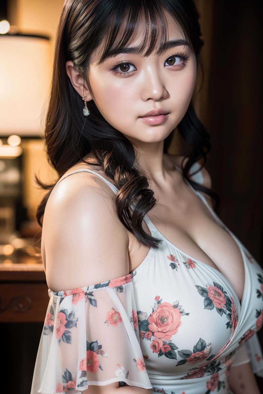 Beautiful chubby asian woman in Call of Duty style, Slip floral dress,close up photograph, Photos taken with a Canon EOS R5 DSLR camera, Cinematic lighting, Ultra photo realsisim, Intricate details, Her face is delicate