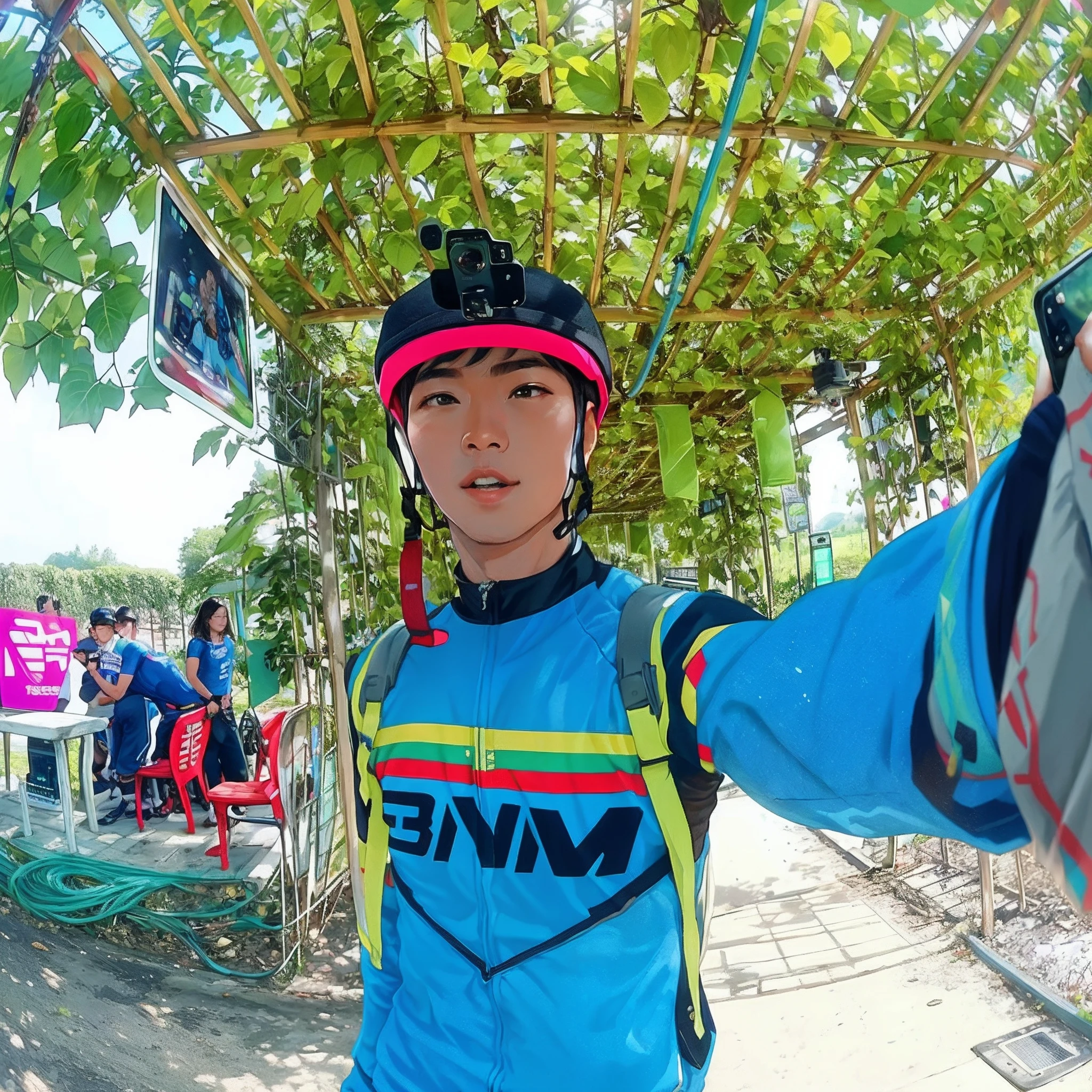 there is a man that is taking a selfie with her cell phone, shot on gopro9, taken on go pro hero8, go pro, cycling!!, 3 6 0 capture, 👰 🏇 ❌ 🍃, dang my linh, gopro shot, frontshot, fromme seele, nivanh chanthara, gopro photo, wining, profile pic