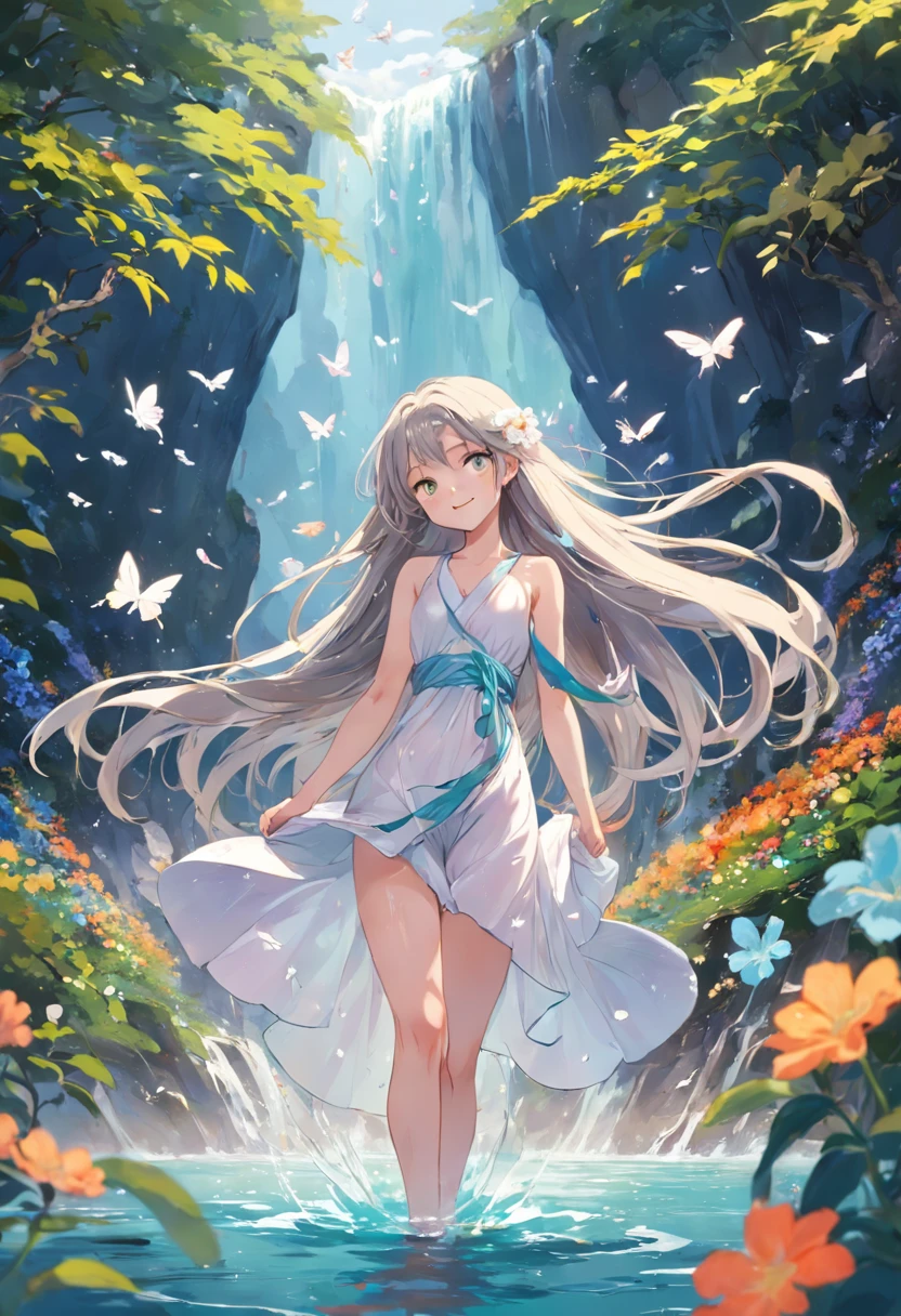 /imagine prompt: In a peaceful sea of flowers, a girl with long hair was wearing a bright white basketball suit, and she was walking backwards. Her long hair hung down like a waterfall, unable to withstand the weak wind, and gently fluttered. Her smile is filled with innocence and joy, as if it were a delicate flower blooming. Her eyes were bright and clear, revealing a sense of confidence and determination. Her steps are light and elegant, like a free butterfly dancing in the sea of flowers. The flowers around her seemed to be infected by her beauty and happiness, blooming in brilliant colors, highlighting the harmony and vitality of this scene. The entire scene is filled with a joyful atmosphere, as if time had solidified at this moment, just to capture this beautiful moment., --ar 9:16 --niji 5