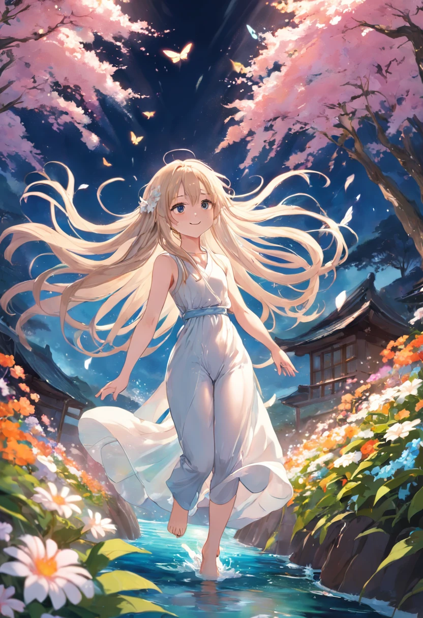 /imagine prompt: In a peaceful sea of flowers, a girl with long hair was wearing a bright white basketball suit, and she was walking backwards. Her long hair hung down like a waterfall, unable to withstand the weak wind, and gently fluttered. Her smile is filled with innocence and joy, as if it were a delicate flower blooming. Her eyes were bright and clear, revealing a sense of confidence and determination. Her steps are light and elegant, like a free butterfly dancing in the sea of flowers. The flowers around her seemed to be infected by her beauty and happiness, blooming in brilliant colors, highlighting the harmony and vitality of this scene. The entire scene is filled with a joyful atmosphere, as if time had solidified at this moment, just to capture this beautiful moment., --ar 9:16 --niji 5