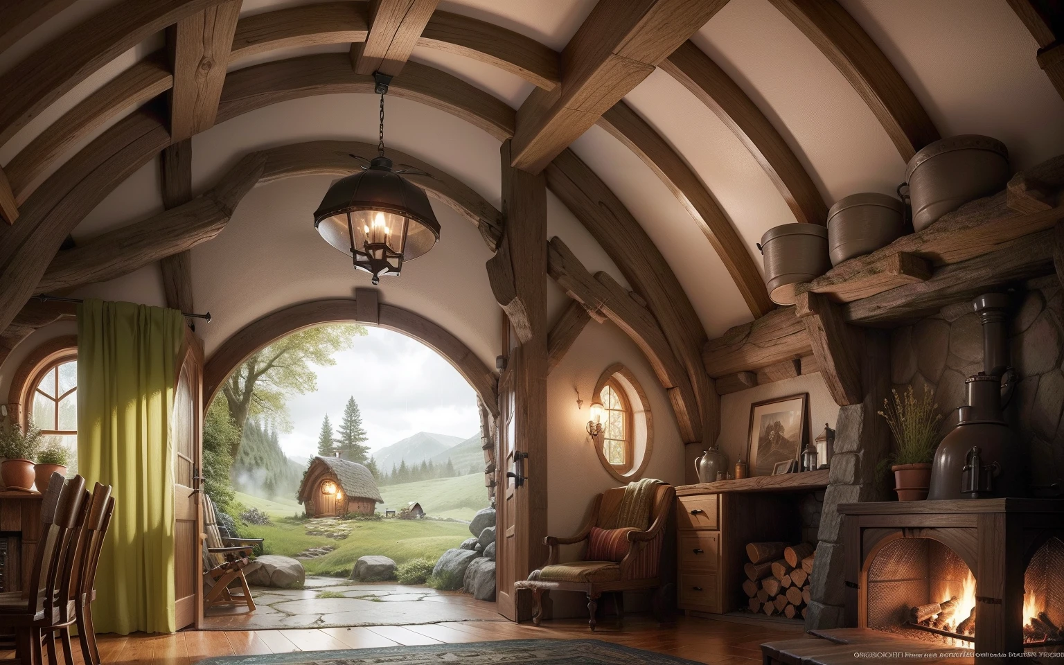 cozy hobbit house rainy day with side fireplace (one fireplace)