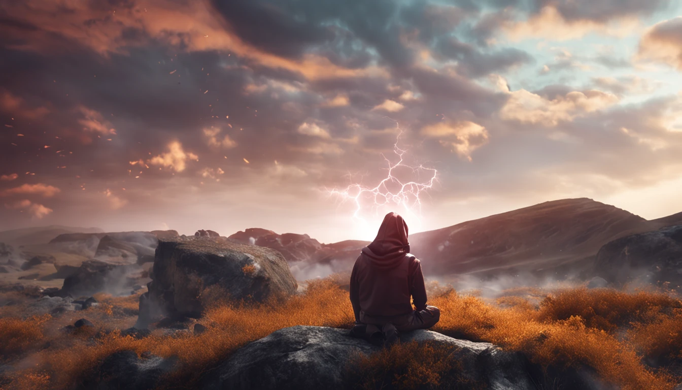 A cinematic figure in meditation, surrounded by natural elements and lighting symbols, transmitindo a ideia de profundidade, Self-conscious reflection