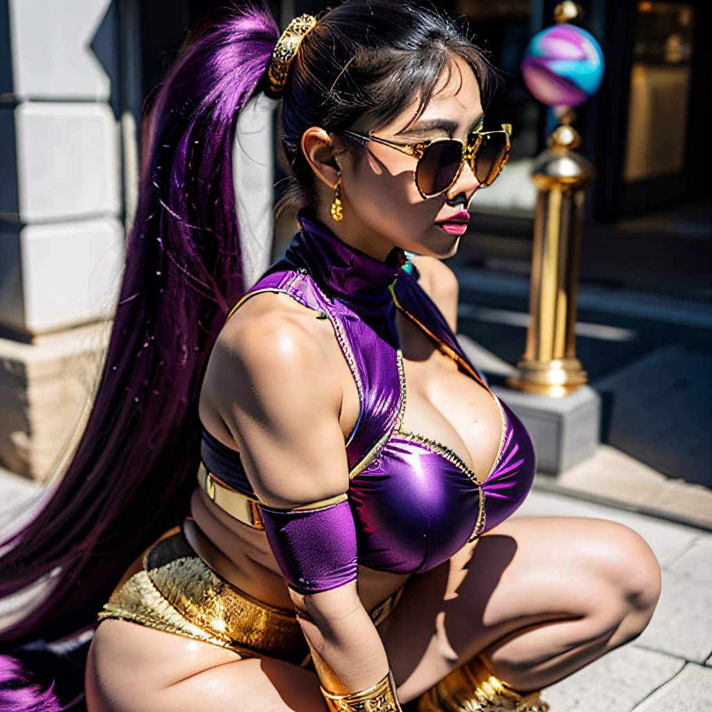 City backstreets,32K(tmasterpiece,k hd,hyper HD,32K)Purple-pink double ponytail,Antler gold cloak fat heroine cartoon nine-tailed fox,Fat heroine, Purple water breast protector, Big breasts, Black Goldfish, Wire mesh shin guards, Space squats,Wear reflective sunglasses with a thick gold thread,Wear boxing gloves,frontage,extremely happy(((Platinum marble sunglasses)))Deep gold sunglasses,side portrait