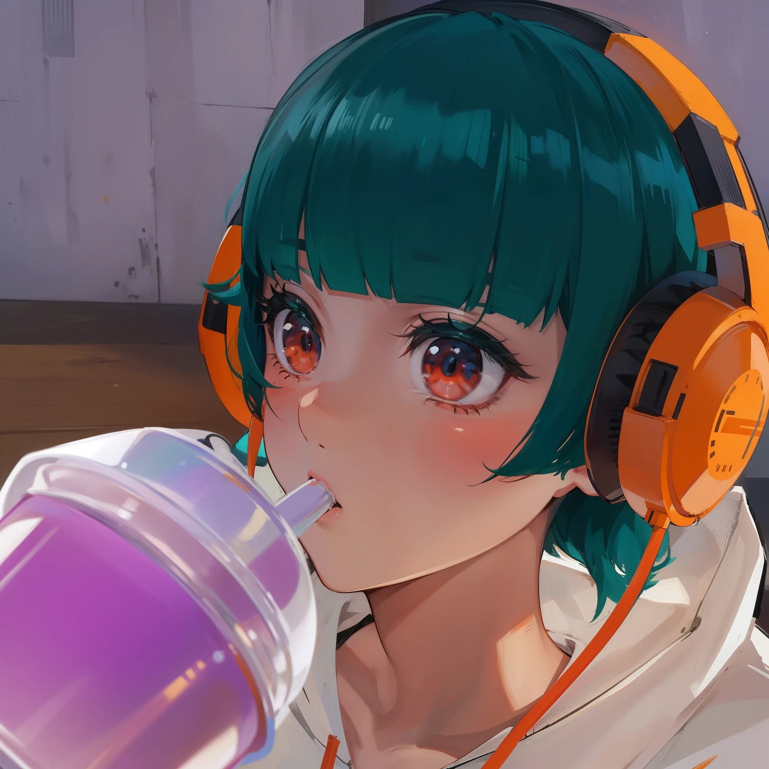 Drinking juice、kawaii、detaileds、ultra-detailliert、Dark green hair、Orange headphones、red eyes、White hoodie、Straws need to be thinned、looking at the spectator