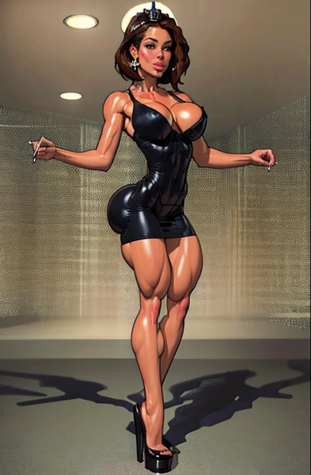 (Best quality, 8k, 32k, Masterpiece, UHD:1.2),Photo of Pretty woman, ((1 girl)), ((solo)) embodiment on chess queen, chess theme, white and black attire,(medium-short dark brown hair), double eyelid, large breasts, breast cleavage, dressed in queen chess piece attire, high heels, standing on chessboard, look at viewer, faint smile, from below