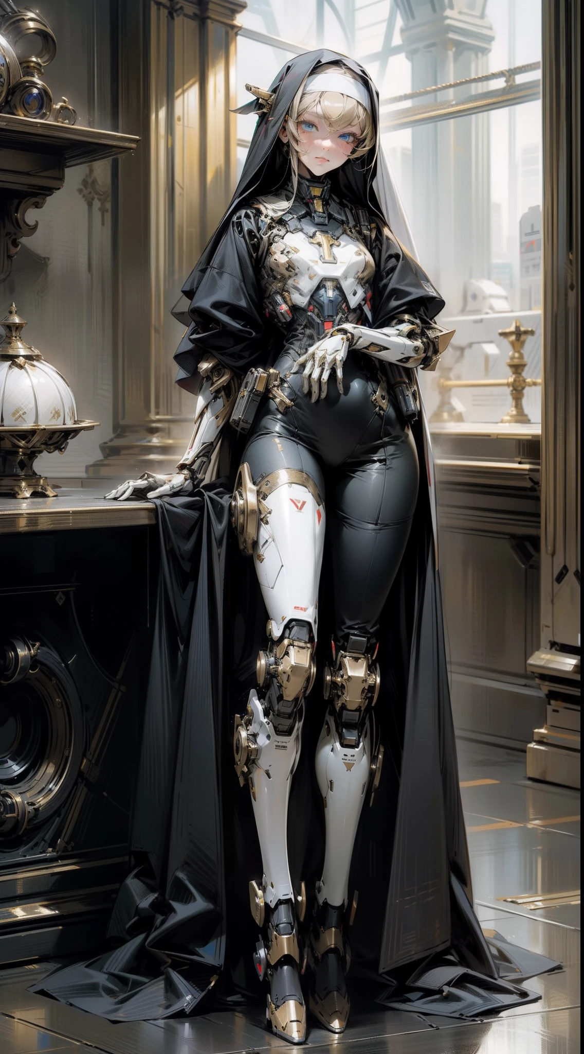 Elegant Girl, One Mecha Girl, Full Body Portrait, Humanoid Nun Mecha, Dark, Si-Fi, post apocalype, Sky Blue Eyes, Nun style Mecha, Extreme Detailed, Realistic, Black and Gold, beautiful Leg