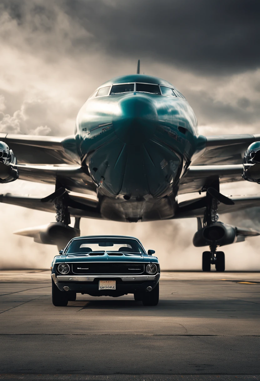 Against the backdrop of a Boeing 747,A black Dodge Challenger is parked on the runway,overcast day,Sense of oppression