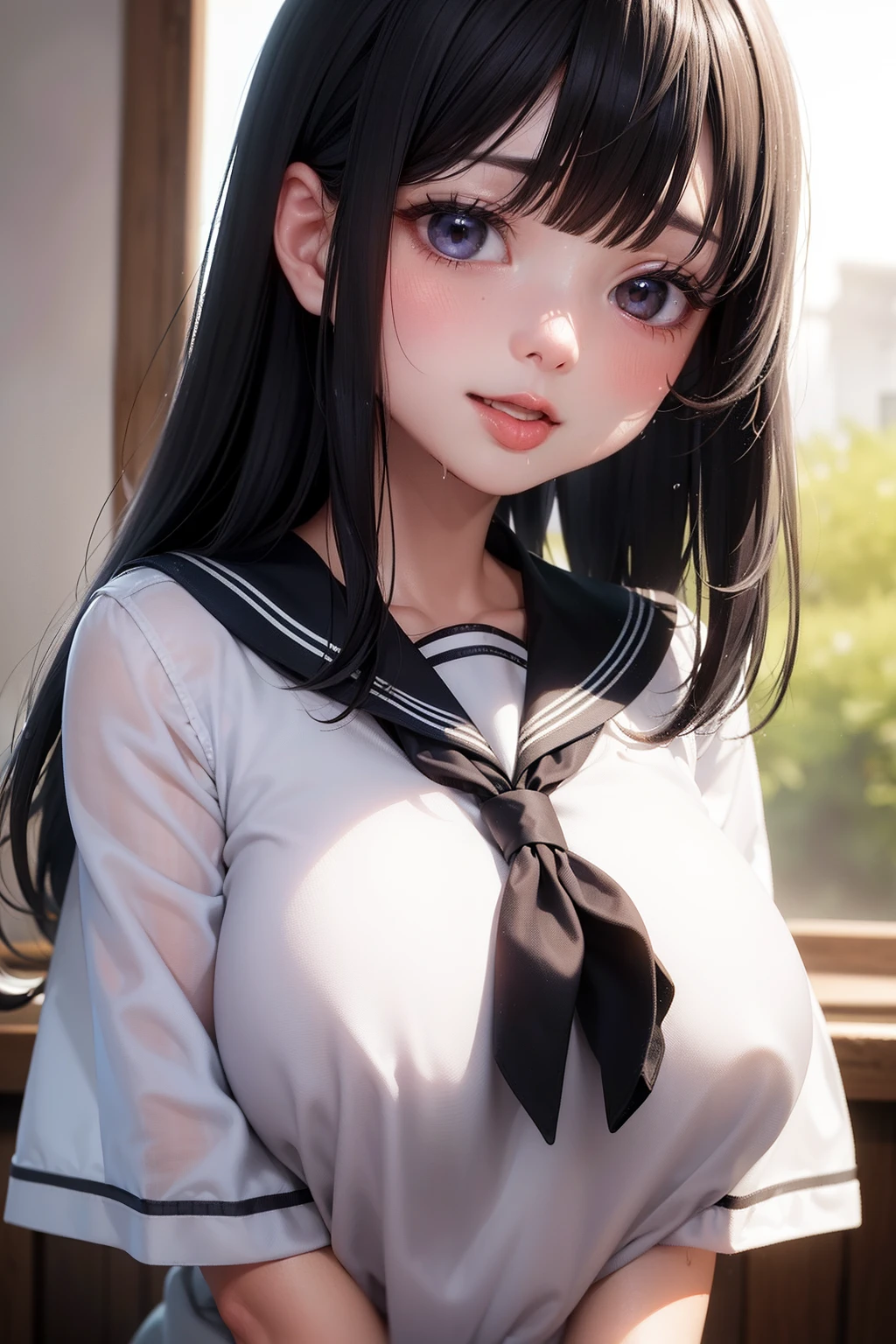 Photo Real、photoRealstic、独奏　A dark-haired、Blunt bangs　drooing eyes、Black eyes、Plump cheeks、The contours of the face are round　sixteen years old、hi-school girl、Suppin、a sailor suit、Drenched in sweat　large full breasts、Short stature　More than half of the angle of view is the face、Face Close-up、Bring your face closer to me、Faces close、Close contact of the chest、Look here、Acme face、panting、AHE Face、put out the tongue、droolng、dripping saliva