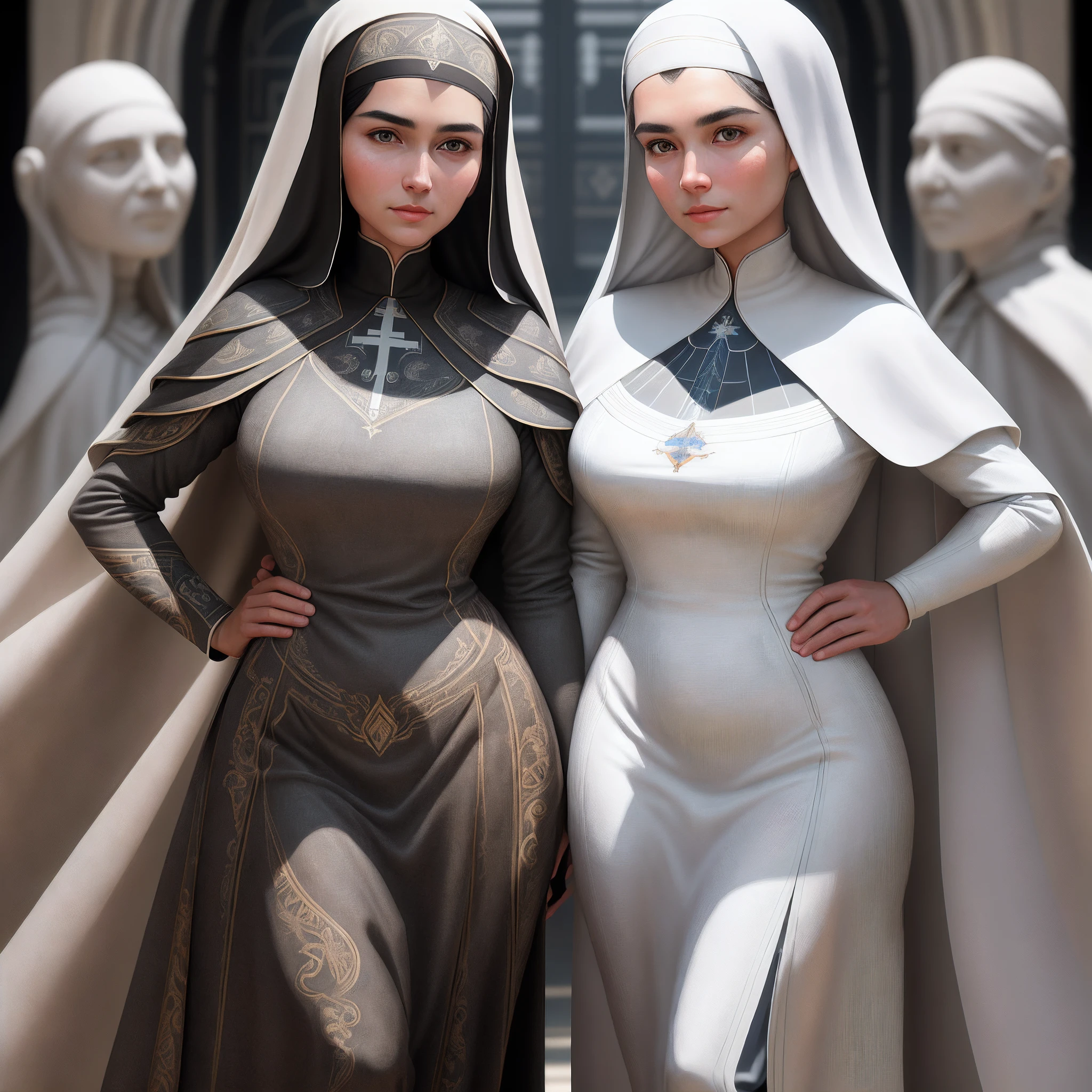 a nun dressed in latex being corrupted by a demon behind her no backgrond, masterpiece, best quality, high quality, seductive look, extremely detailed CG unit 8k wallpaper, award-winning photography, Bokeh, depth of field, HDR, bloom, chromatic aberration, photorealistic, extremely detailed, trend in artstation, trend in CGsociety, intricate, high detail, dramatic, mid-journey art,  Volumetric lighting