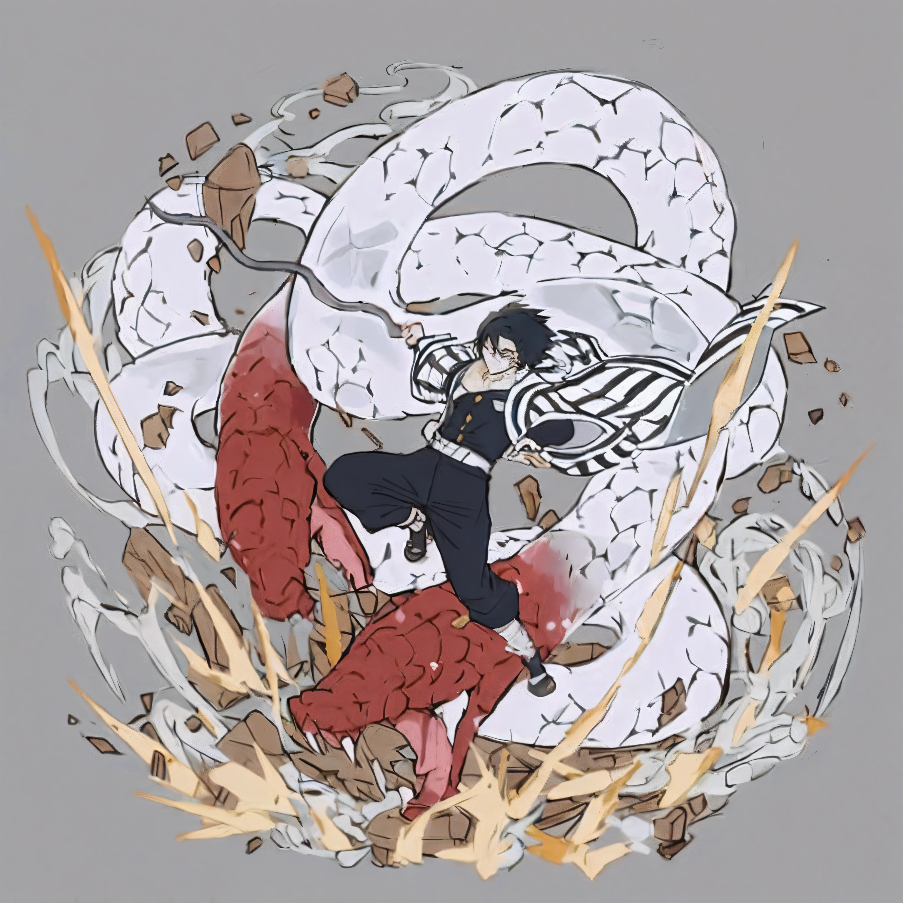 Anime characters with a sword and a snake in a circle, human and dragon fusion, Ghost Slayer Art Style, offcial art, Epic anime style, inspired by Kanō Hōgai, Ghost Slayer Blade fanwork, trigger anime artstyle, High-quality fanart, inspirado em Okumura Masanobu, highly detailed exquisite fanart, The picture finish is extremely high,luffy gear 5