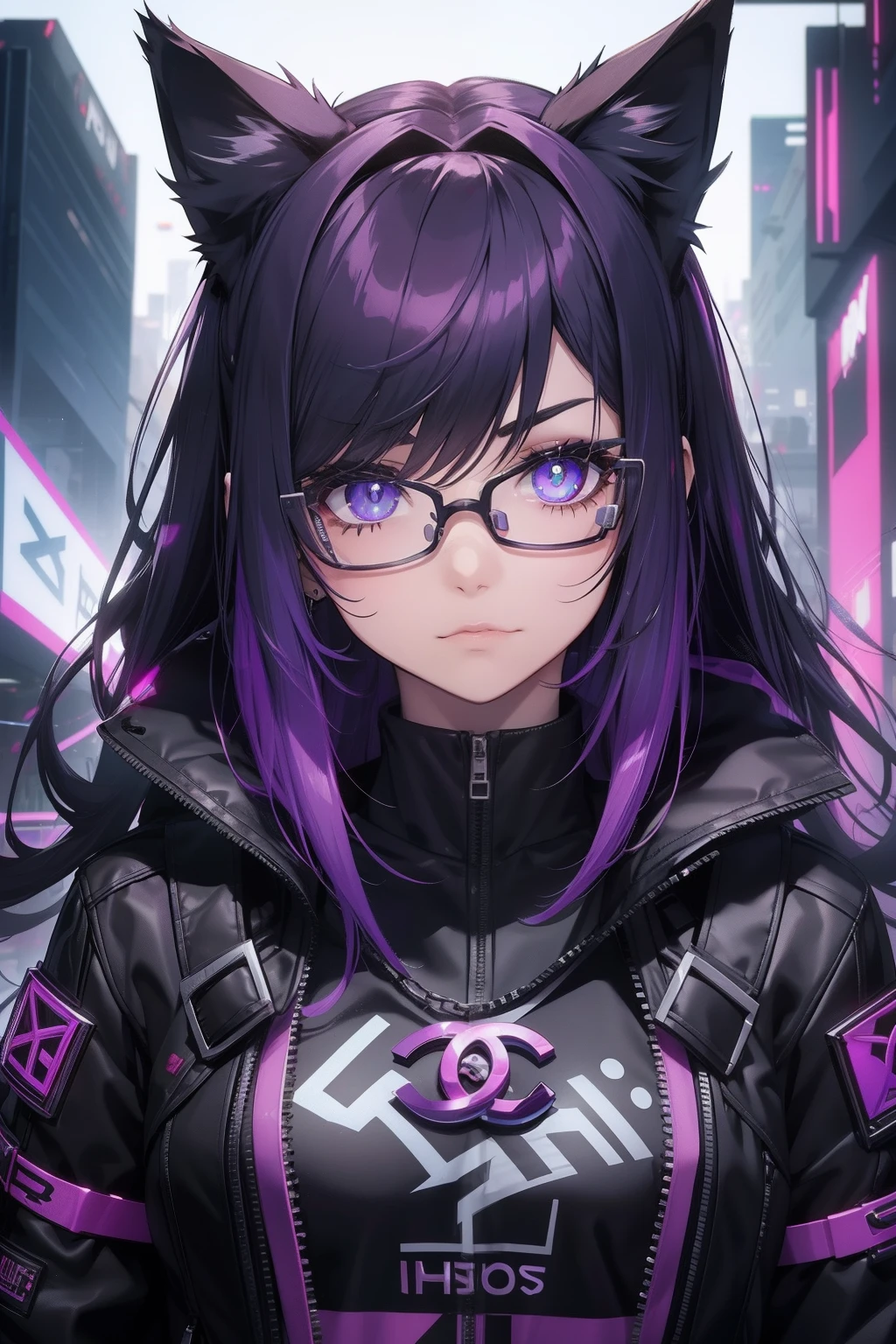 Cyberpunk menina roxo gamer, with glasseswith cat ears, olhos roxos brilhando, Cabelo tamanho medio preto Chanel com pontas roxa