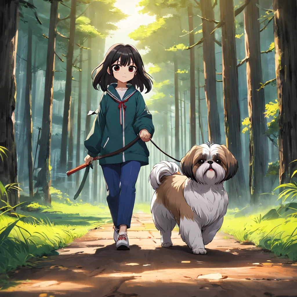 tutor e sua shih tzu passeando no bosque