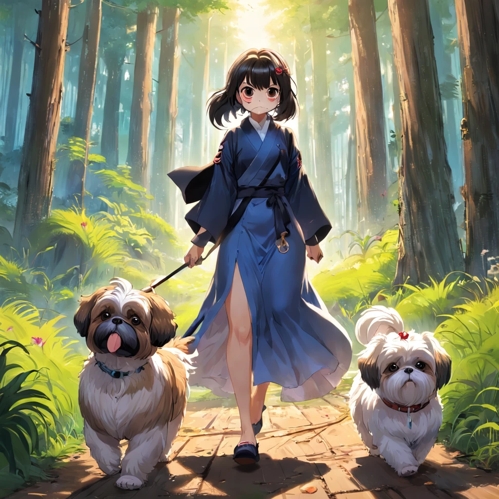 tutor e sua shih tzu passeando no bosque