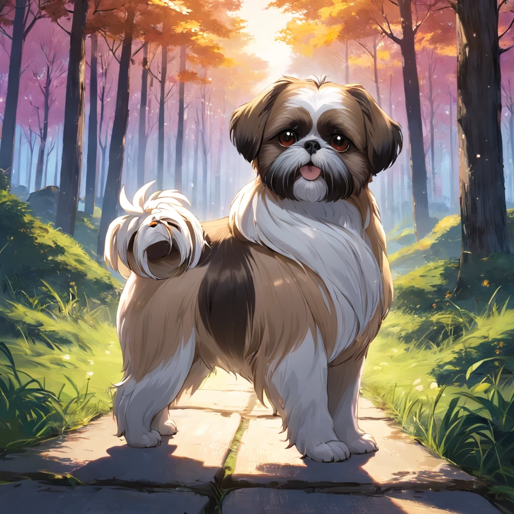 tutor e sua shih tzu passeando no bosque