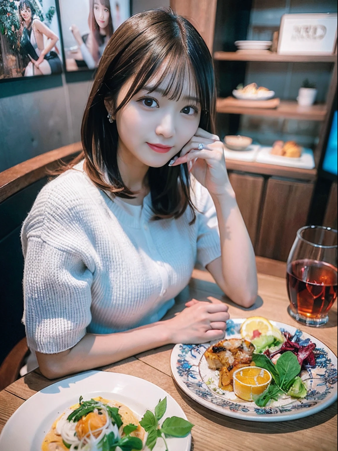 there is a woman sitting at a table with a plate of food, chiho, 奈良美智, she is about 3 0 years old, she is about 30 years old, she is about 2 5 years old, Ayami, deayami kojima, 1girl, Beautiful, cabelo azul, cabelo curto, Sportswear, fotografia profissional, Ultra HD | | | | | |, HDR, 4k, High definition