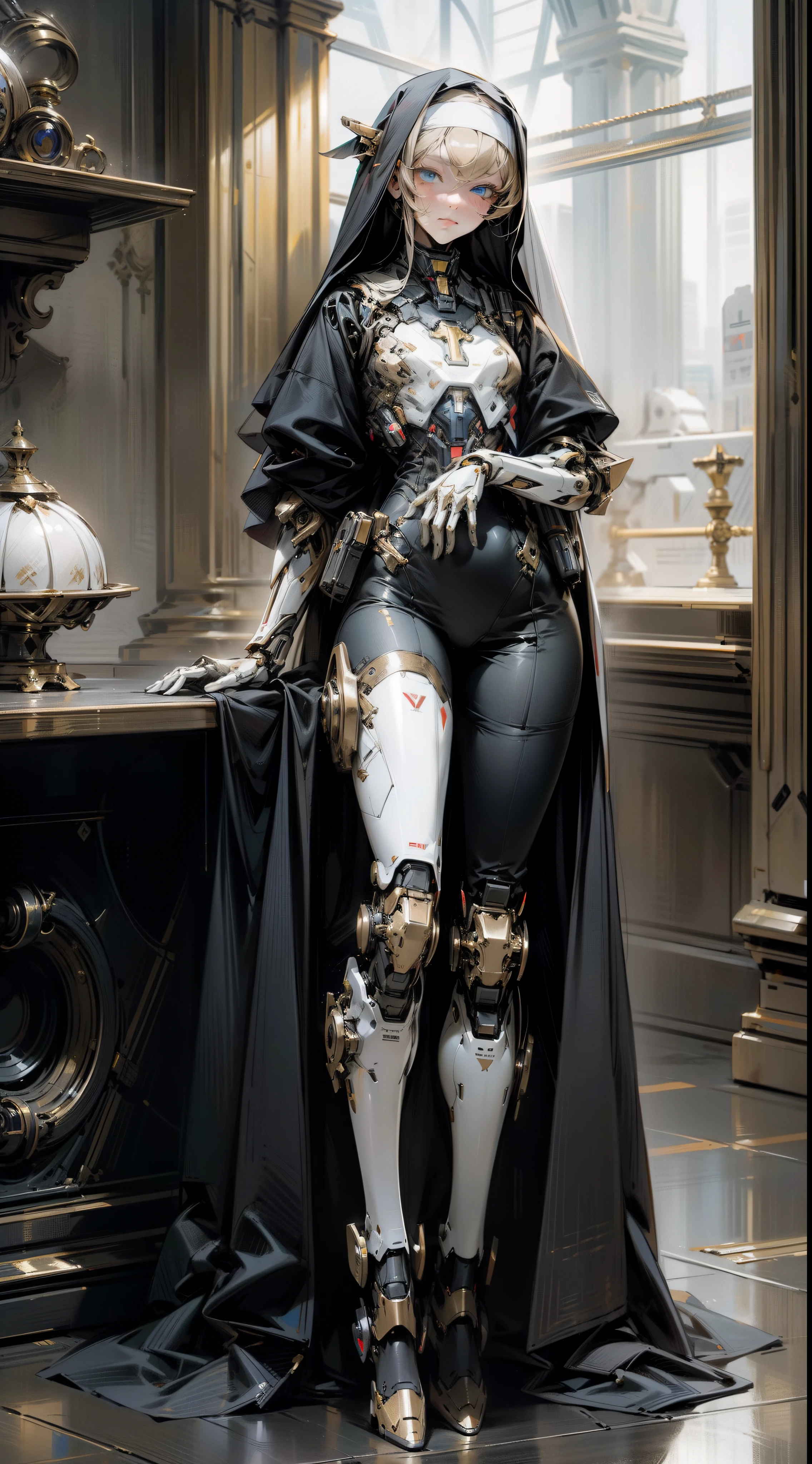 Elegant Girl, One Mecha Girl, Full Body Portrait, Humanoid Nun Mecha, Dark, Si-Fi, post apocalype, Sky Blue Eyes, Nun style Mecha, Extreme Detailed, Realistic, Black and Gold, beautiful Leg