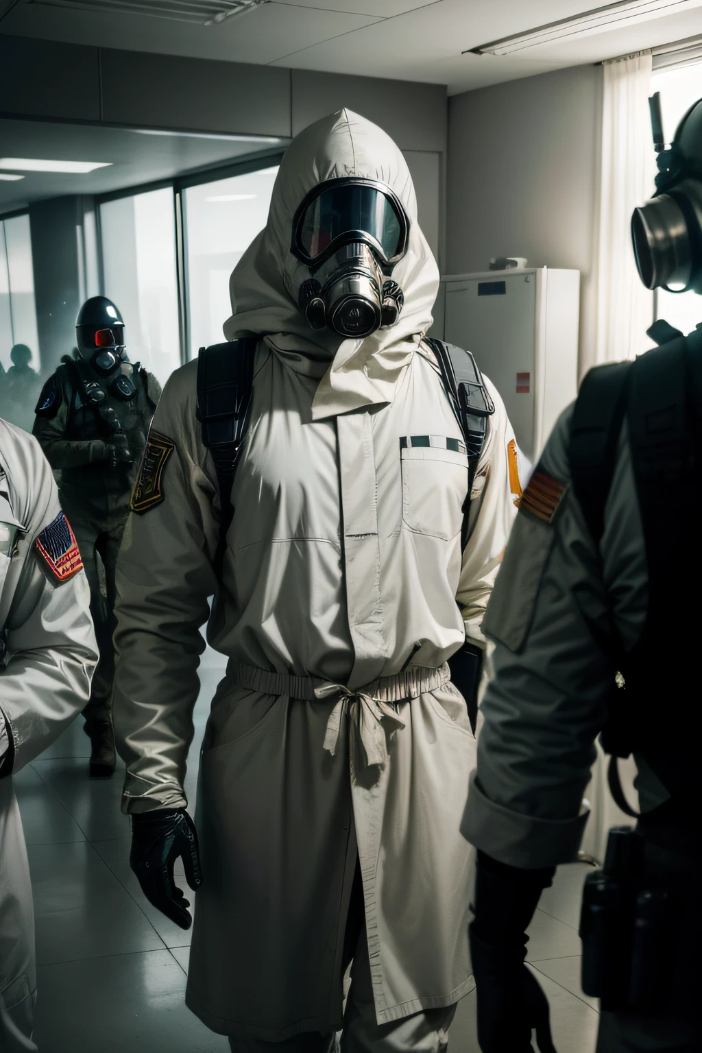 A group of people in white chemical suits、Man in gas mask in the laboratory, cinematic ligh《Resident Evil》, Lab Room, live-action movie scenes, Inside the army base,Realistic scenes,Top view