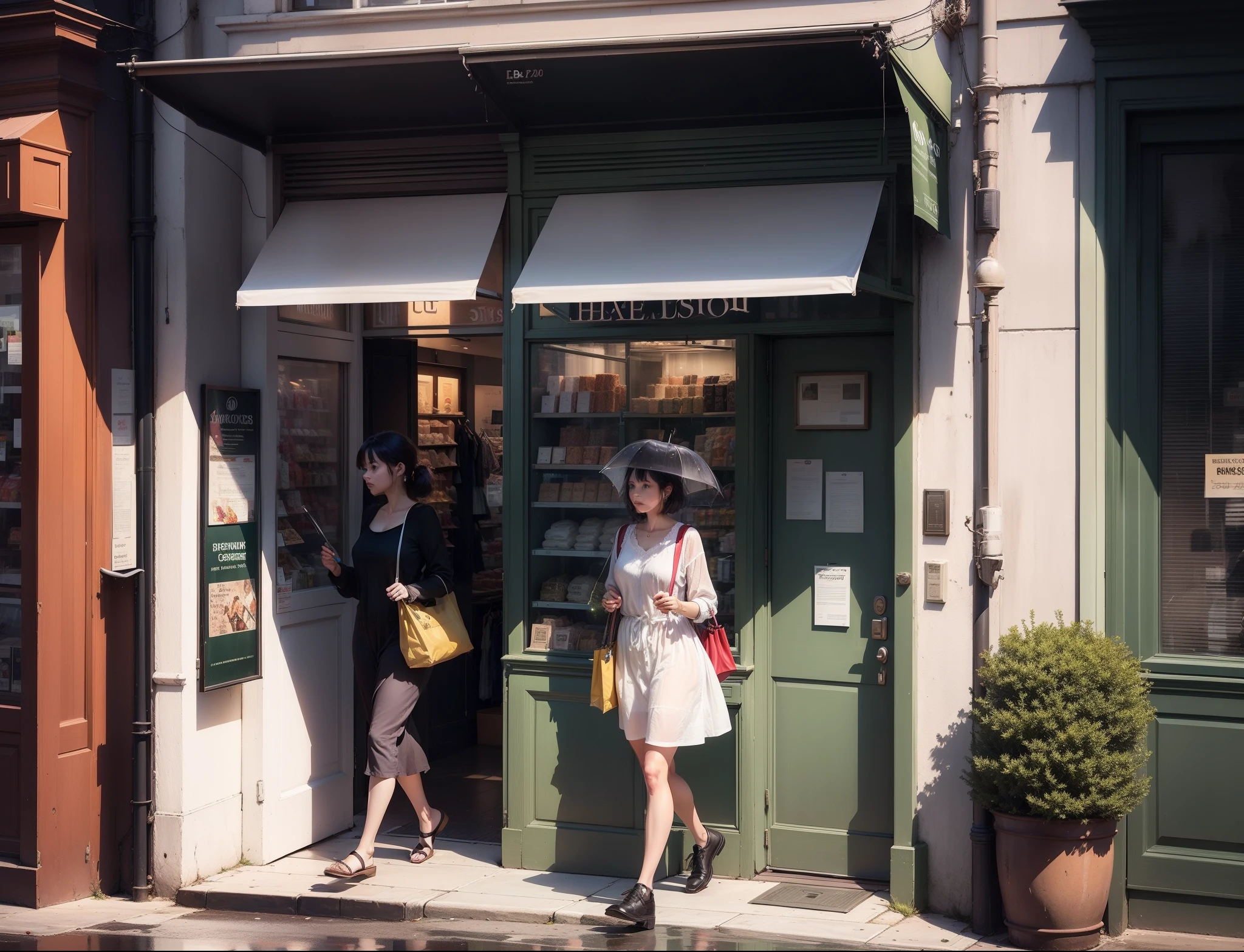 there is a woman walking down the street with an umbrella, rainy evening,there are many shops on the side of the street with green awnings, storefronts, storefront, wit studio, warm street lights store front, 35mm —W 1920 —H 1080, street corner, on a sunny day, shop front, modern lush condo as shopfront, twice, eeri,