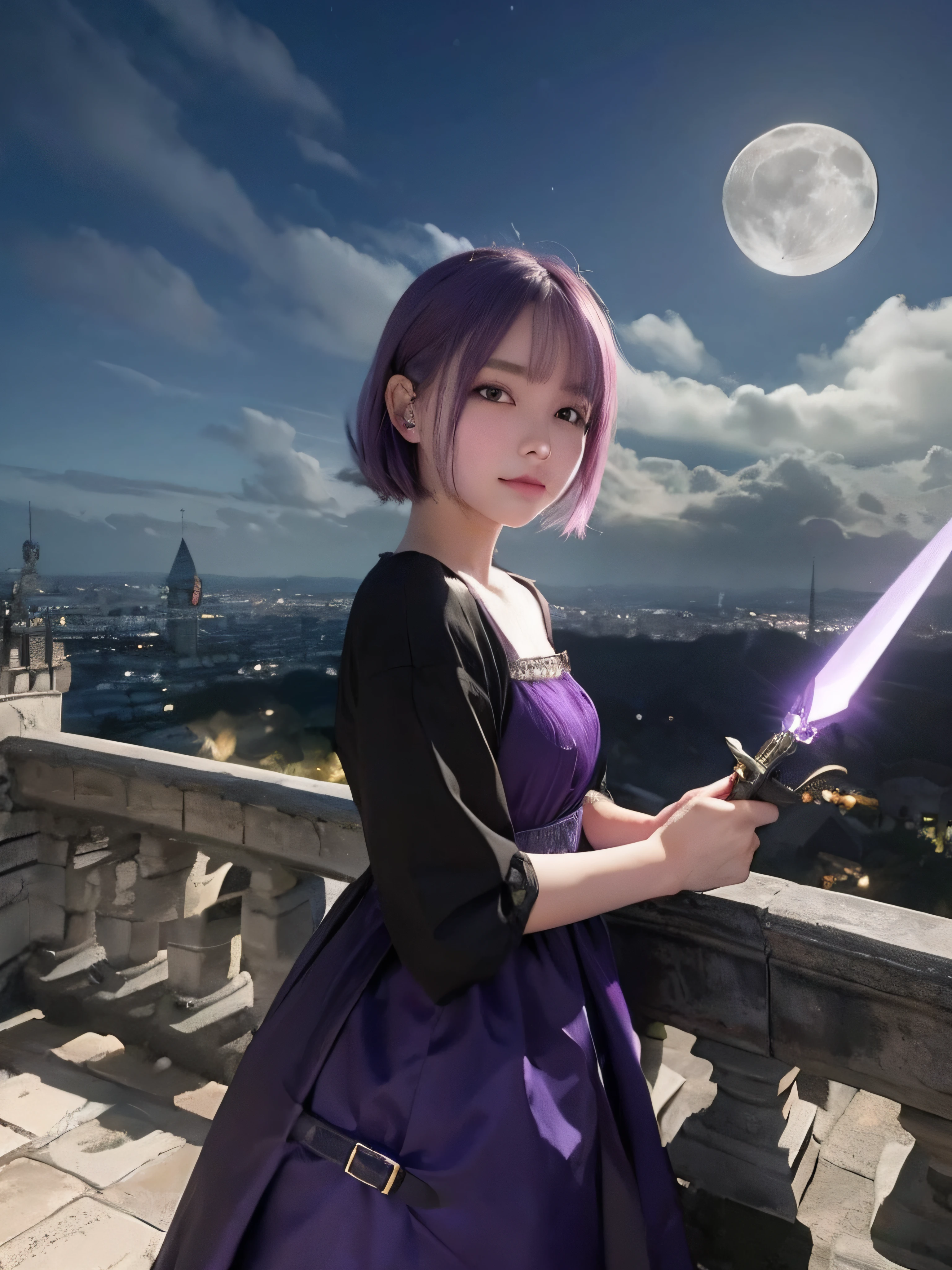 8K、detaileds、A detailed face、14 years old girl、short in stature、Young Face、Inappropriate smile、purple color  hair、Dress style clothes、Holding a dagger in your hand、Castles、a dark night、Moonlight shines、2.5 dimensions、Anime style