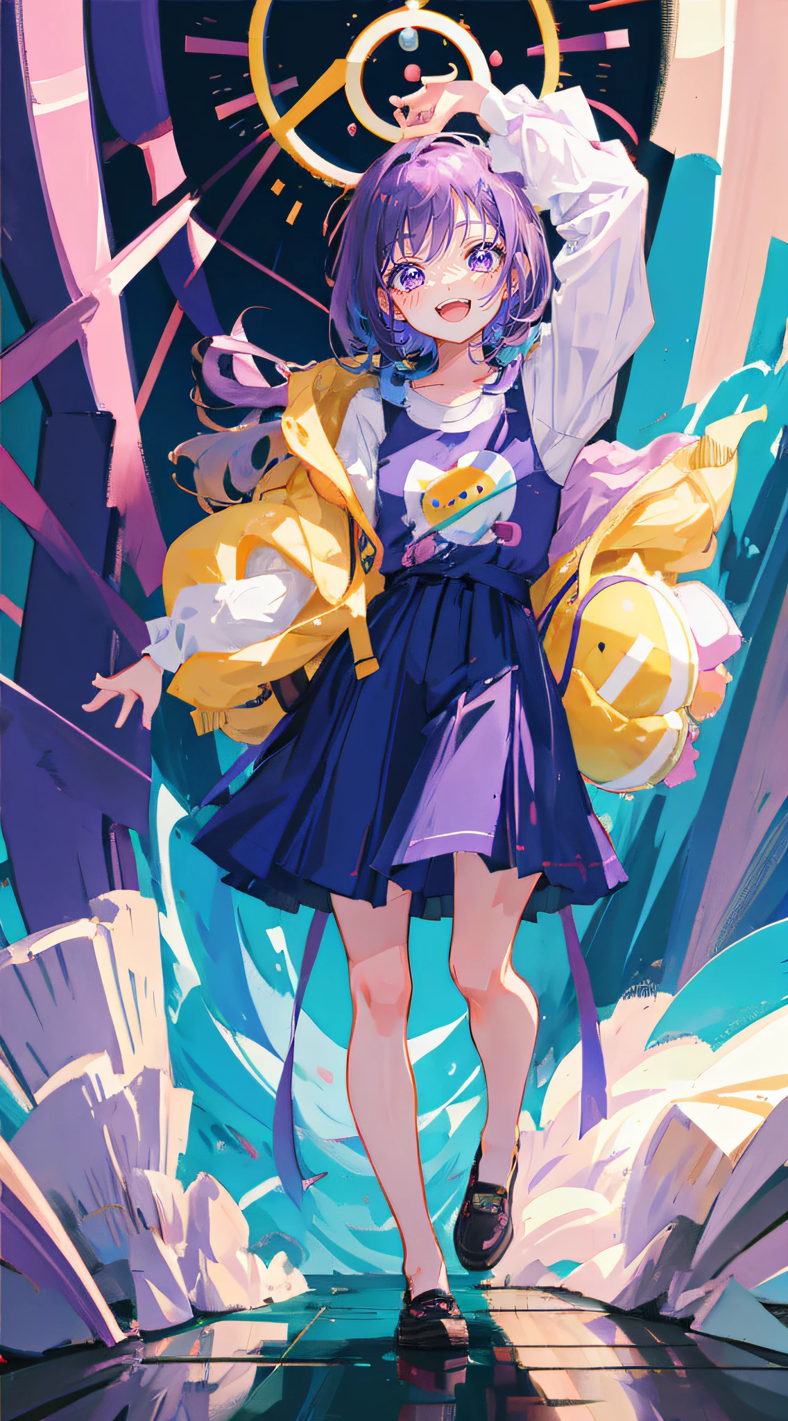 Anime girl with purple hair,Young,arms at sides,full bodyesbian, Upright, view the viewer, Simple background, Open mouth, Smile,cute kawaii girls,lofi-girl, "Soda" theme,