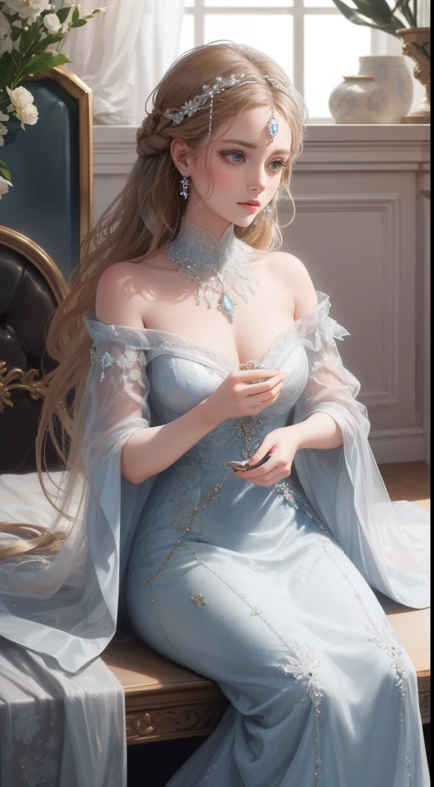 tmasterpiece，Highest high resolution，Bust of a beautiful noble maiden，Delicate braided hair，Coiled hair，Shining clear eyes，The hair is covered with beautiful and delicate floral craftsmanship, crystal、Diamond jewelry filigree，Ultra-detailed details，upscaled，softlighting。