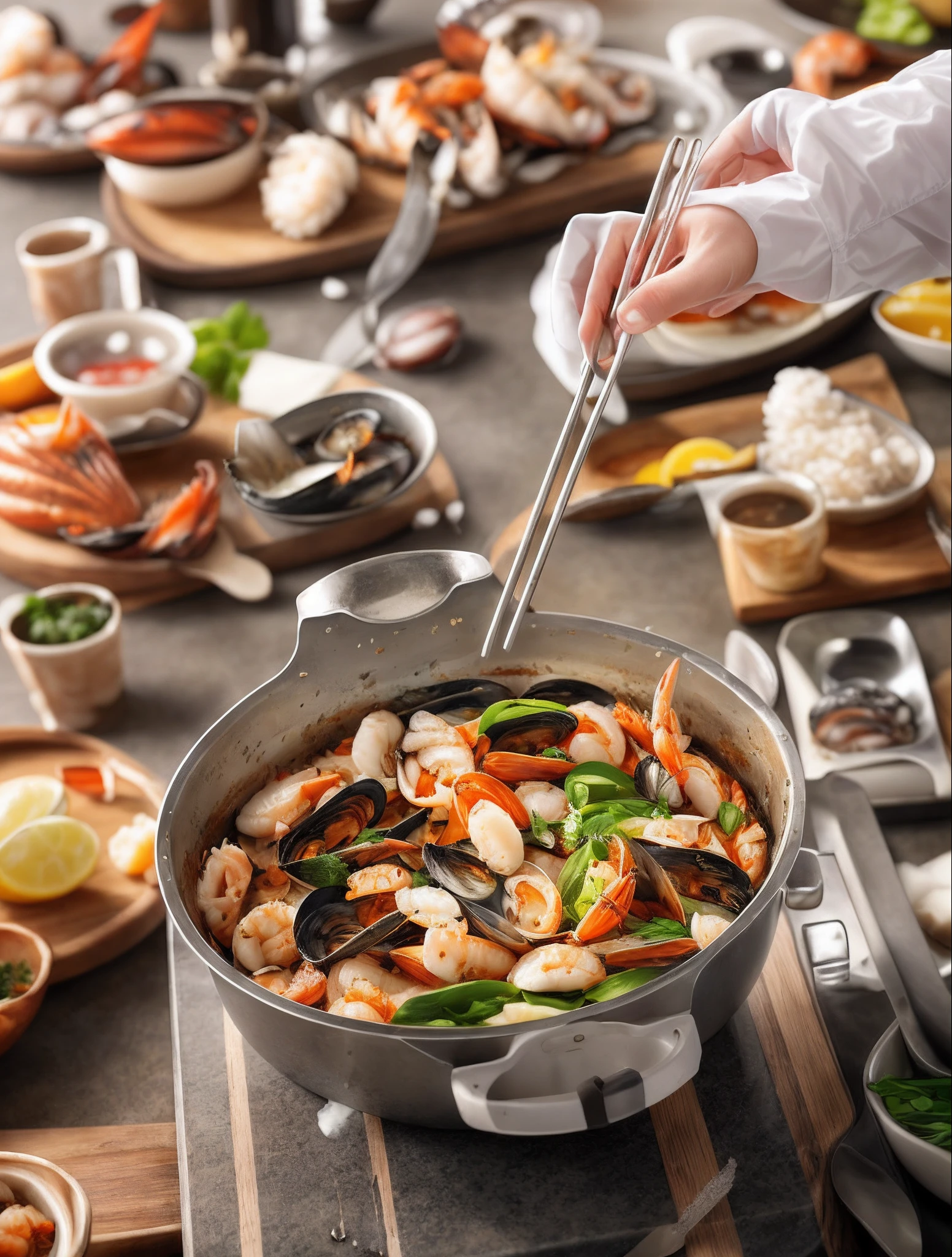 Seafood baked with salt，Juicy，delicacy，thermography，promo photo，Complicated details，hdr，The is very detailed --v 6
