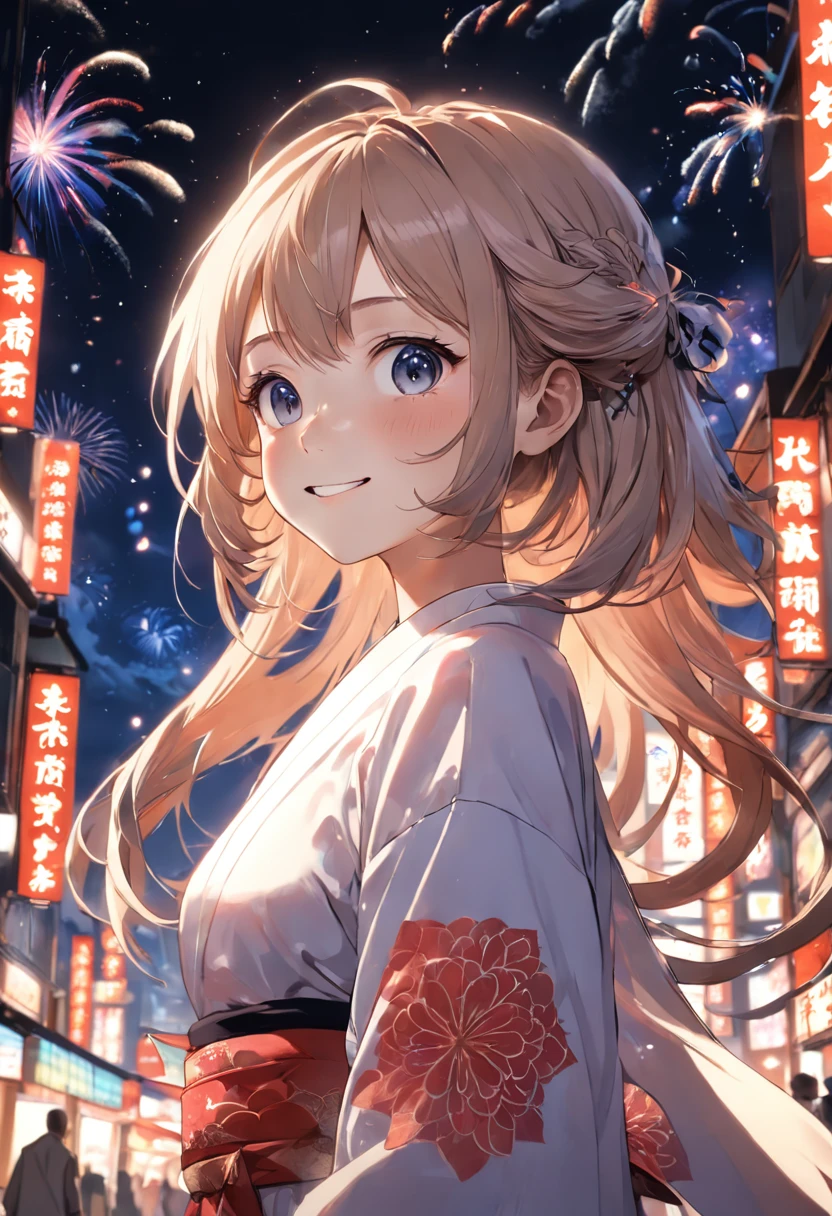 Very delicate and beautiful, very detailed eyes and face and skin, professional lighting, physically based rendering, (professional photo of girls), perfect anatomy, official art, wonderful, solo, single woman, 25 years old, dumpling hair, symmetrical clear eyes, slim, piercing, (smile, happy smile: 1.3), side view, night: 1.8, yukata, many fireworks launched, full body, drawn shot