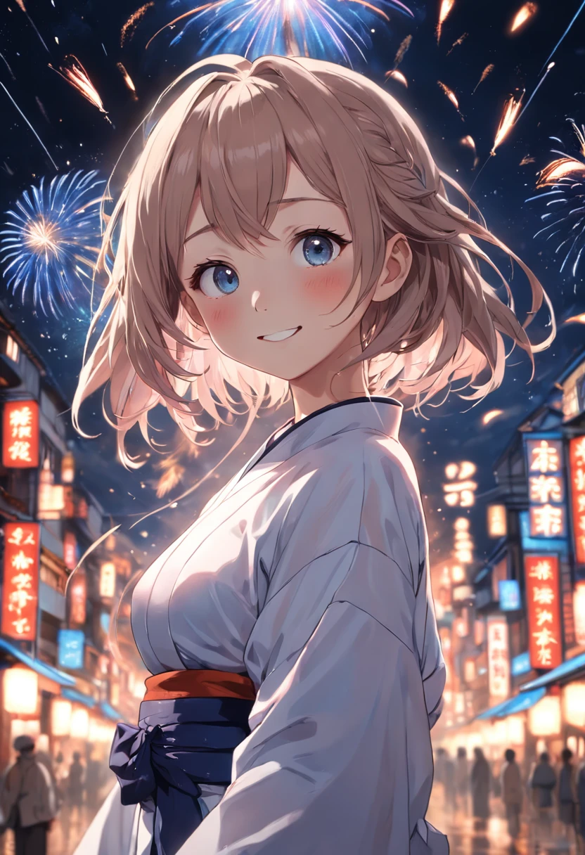 Very delicate and beautiful, very detailed eyes and face and skin, professional lighting, physically based rendering, (professional photo of girls), perfect anatomy, official art, wonderful, solo, single woman, 25 years old, dumpling hair, symmetrical clear eyes, slim, piercing, (smile, happy smile: 1.3), side view, night: 1.8, yukata, many fireworks launched, full body, drawn shot