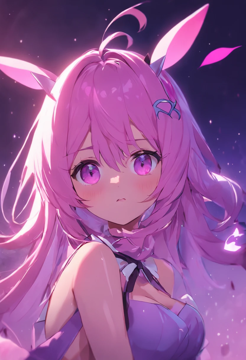 (cosplay de coelhinha Egirl),(pensa em uma pose sexy, provocante, acentuando as curvas),(fundo noturno, soft-lighting),(alta resolução),(foco no rosto),(makeup marcante, seductiveexpression),(cabelos coloridos: rosa, azul, roxo, ou verde),(bunny costume with bow on head),(olhos brilhantes, olhar penetrante).