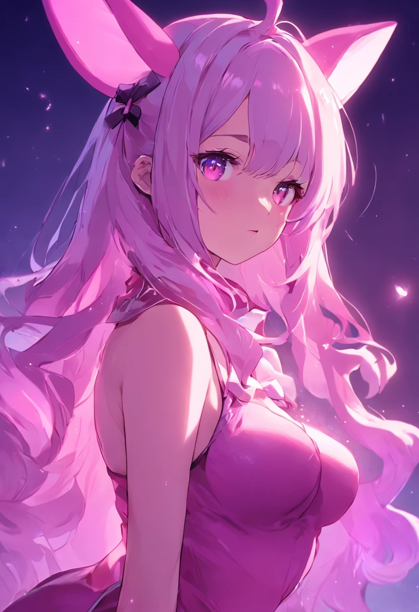 (cosplay de coelhinha Egirl),(pensa em uma pose sexy, provocante, acentuando as curvas),(fundo noturno, soft-lighting),(alta resolução),(foco no rosto),(makeup marcante, seductiveexpression),(cabelos coloridos: rosa, azul, roxo, ou verde),(bunny costume with bow on head),(olhos brilhantes, olhar penetrante).