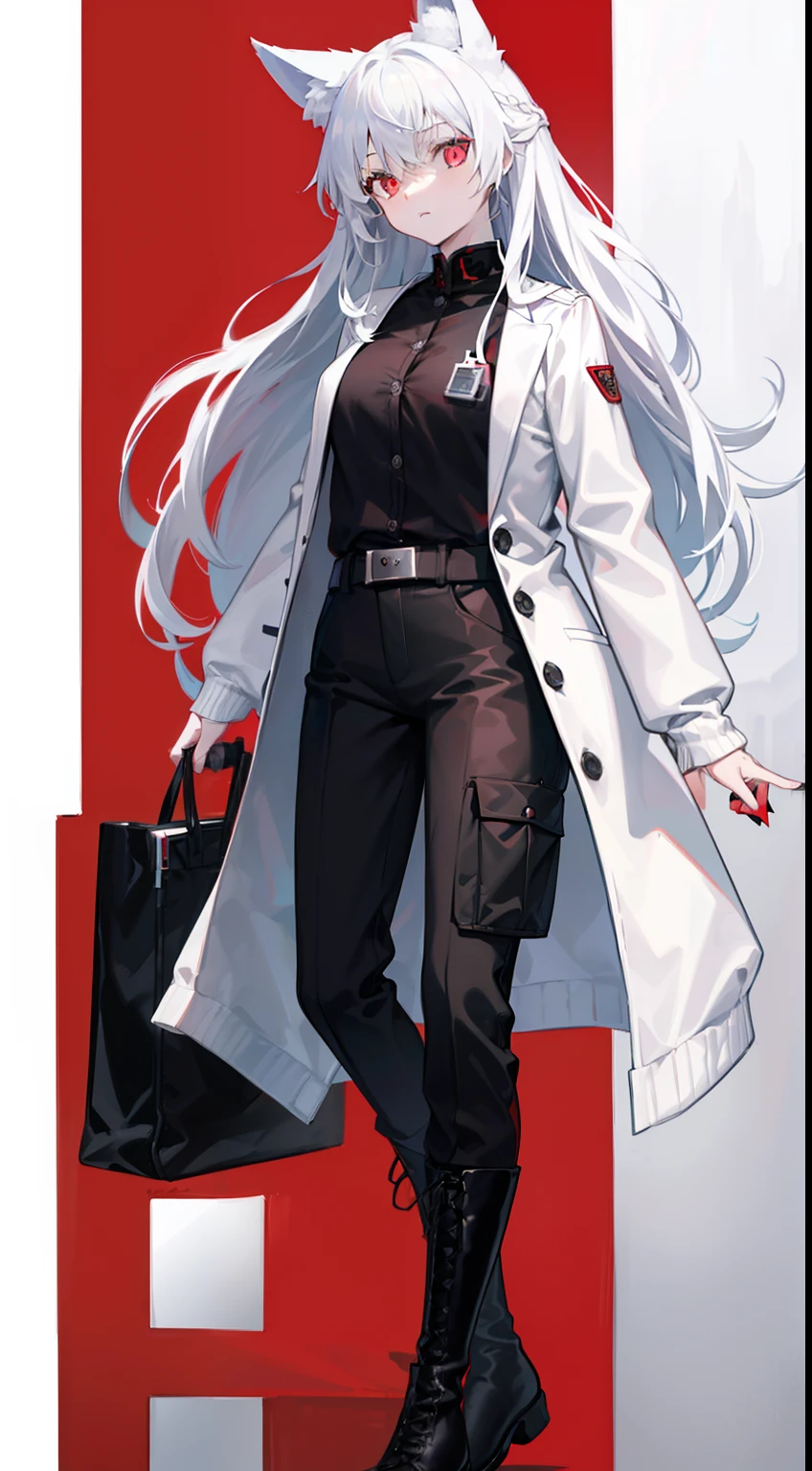 adult girl，long  white hair，red color eyes，fox ear，the doctor，black shirt，Cardigan white coat，Black straight-leg pants，Military Directory Card，black military boots，Masterpiece level，high high quality。