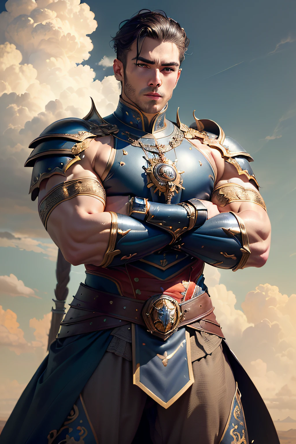 ((best quality)), detailed, ((attractive, but tasteful))warrior man, wearing Victorian-era armor,, ((fantastic pose)), ((flexed body)), ((background: a sky full of clouds)), ((discreet lighting)), handsome face, cinematic lighting, warm tone