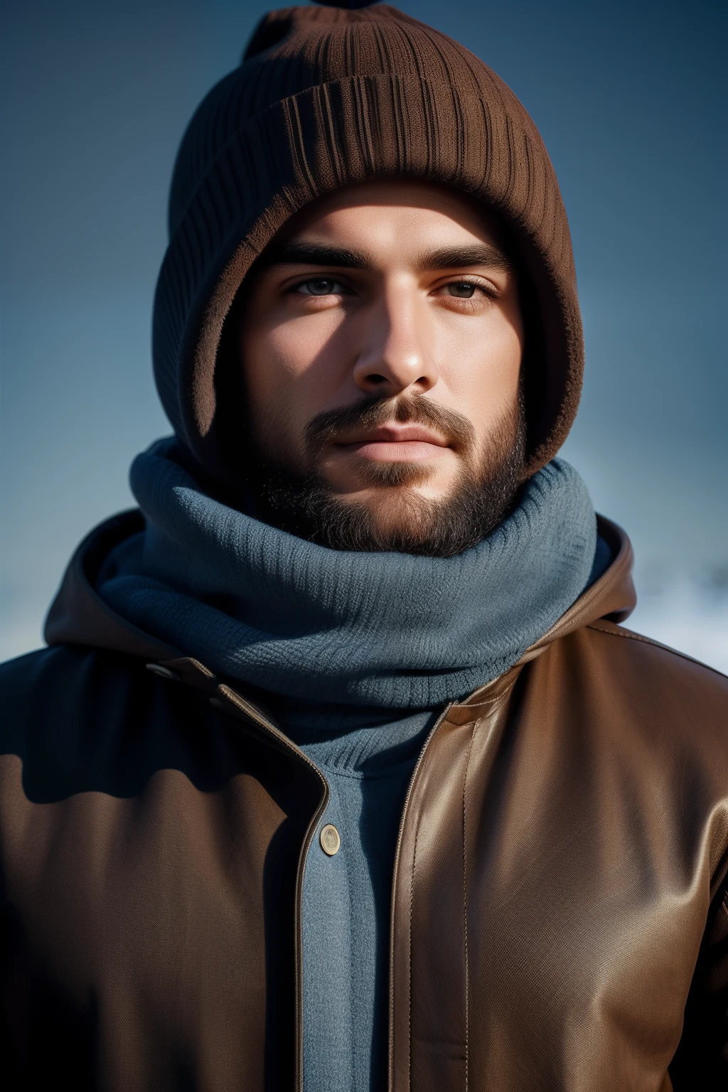 (master piece), (best quality), cinematic, photorealism, rendering, realistic, ultra detailed, perfect face, portrait frame, chest up, handsome man, beanie man and hood over beanie, 24 year old male , medium beard, brown eyes, coat with gray and blue cotton fabric, cold colors, from the front, gorgeous, looking at the camera, blurred cold background, bottom-up lighting