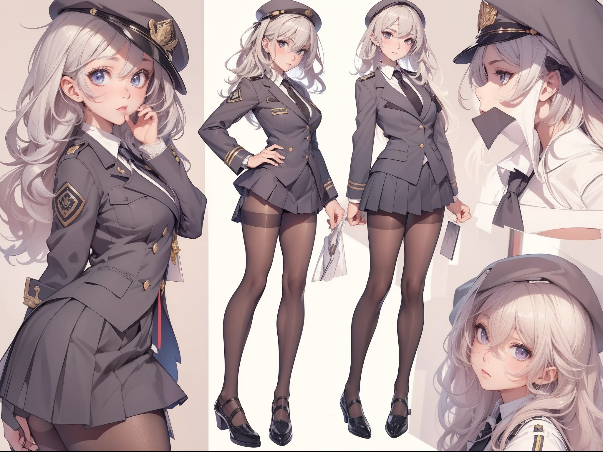 ((Masterpiece, Highest quality)), Detailed face, CharacterDesignSheet, full bodyesbian, Full of details, Multiple poses and expressions, Highly detailed, Depth, Many parts,beuaty girl,lacepantyhose, High Balance, Natural light, Wear a uniform suit
