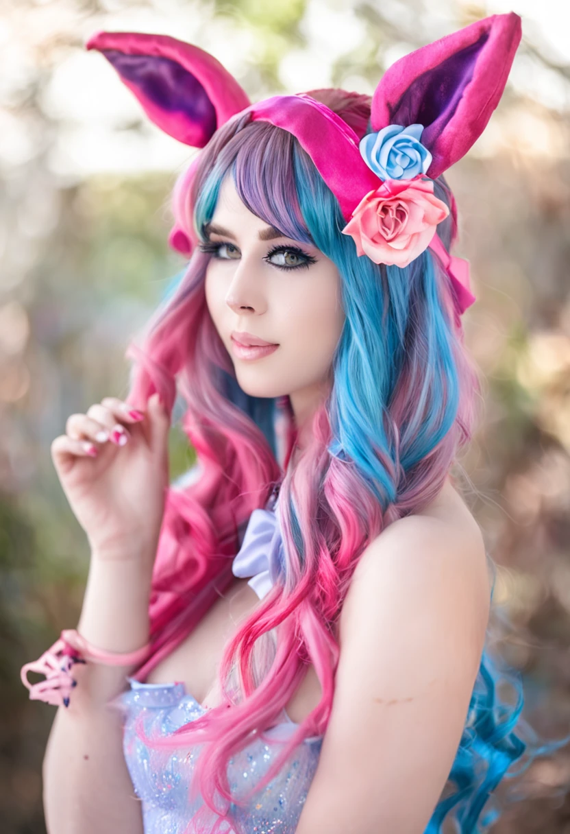 (cosplay de coelhinha Egirl),(pensa em uma pose sexy, provocante, acentuando as curvas),(fundo noturno, soft-lighting),(alta resolução),(foco no rosto),(makeup marcante, seductiveexpression),(cabelos coloridos: rosa, azul, roxo, ou verde),(bunny costume with bow on head),(olhos brilhantes, olhar penetrante).