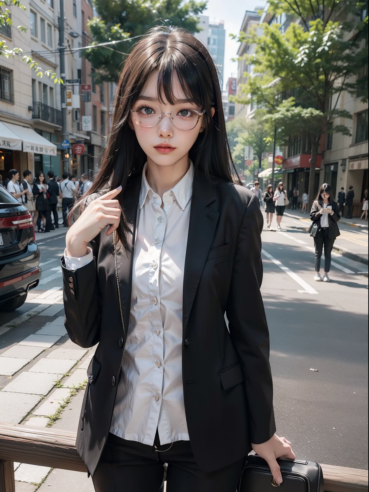Realistic,3D Screen,8K screen,Lots of detail,Very real,The eyes are a little narrowed,The expression is a little sleepy,A young college student,Chinese women,Pure and cute,Wear round-rimmed glasses,Wear a white shirt and buttons,With a tie, dark blazer jacket,black long pants,Small chest,Waiting for friends outdoors in public,There was a cup of coffee next to it,Comes with a laptop,Immature breasts,Long black hair,Some bangs cover the left half of the forehead,,Mature and stable personality,Looks mature and quiet,Clear and quiet state,The picture is smooth and not tilted,There are 5 fingers on the left and right hands