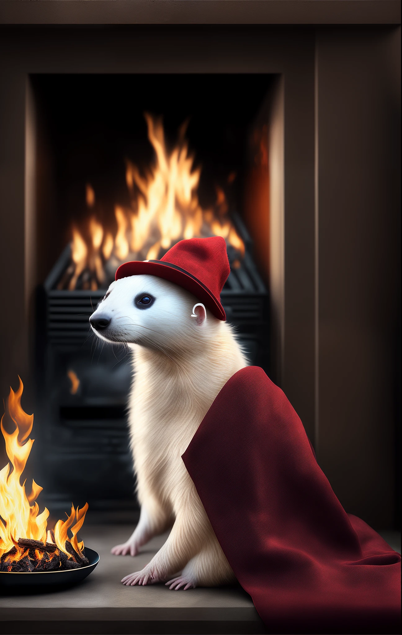 A white ferret wearing a red hat lies in a warm blanket，A fire came out of the fireplace in the room，RAW photo, (8K、top-quality、tmasterpiece:1.4)、(intricately details:1.4)、(Photorealsitic:1.4)、Complex 3D Rendering Ultra Detail, vibrant detail, super detailing, best qualityer，tmasterpiece，（realisticlying：1.4）