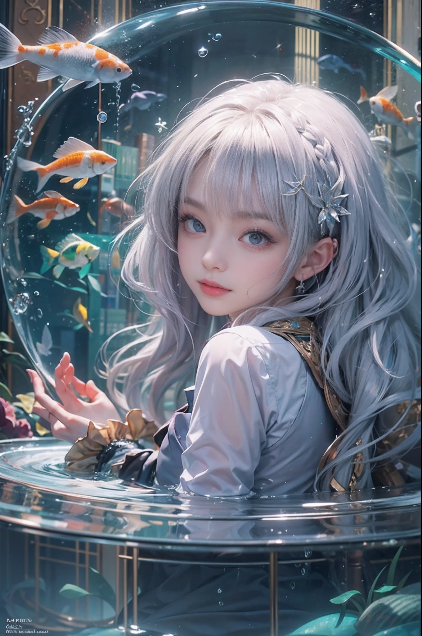 Best Quality, masutepiece, (Realistic:1.2), 1 girl, Detailed face, Beautiful eyes, [(Transparent background:1.5)::5],(((masutepiece))),(((Best Quality))),(((Extremely detailed))),Illustration, 1girll,Solo,Mysterious,vivd colour, shiny, Underwater transparent sealed hemispherical glass dome, (White hair),(Purple eyes), full body Esbian, Barefoot, Tranquility of long hair、naturey, Koi, under the water, dome, close up, Dynamic Actions, Lens perspective,(((Box configuration))),Sitting cross-legged，Leaning against the bookshelf, voluminetric lighting, multi-color eyes, Detailed eyes, ultra - detailed, lightsmile, Highly detailed, Beautiful, small detailed, ultra-detailliert, Best Quality, Convoluted, 4K, 8K, Trending on Art Station, Good anatomy, Beautiful lighting, Award-winning,