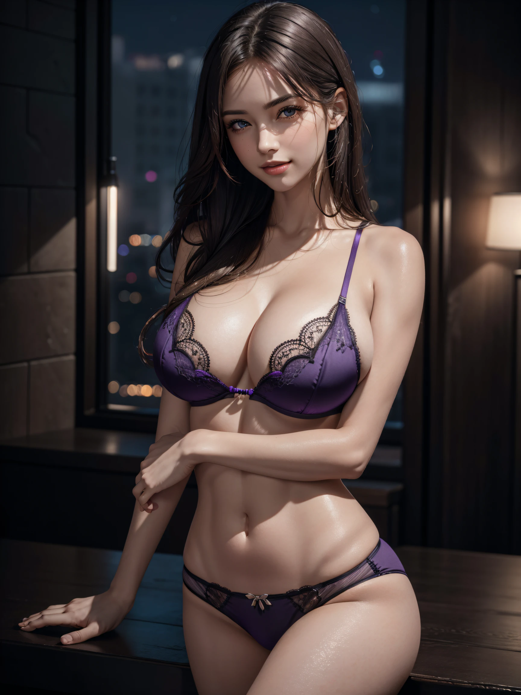 (1girl:1.3, solo), (((night situation:1.5))), (Masterpiece, best quality, photorealistic, highres, photography, :1.3), ultra-detailed, sharp focus, professional photo, commercial photo, (upper body:1.3, bust-up portrait), (starring the viewer:1.3)
BREAK, 
1 brunette girl, solo, European girl, hot model, highly detailed eyes and pupils, realistic skin, (attractive body, gigantic breast:1.25, thin waist:1.15), thin half-up hair, single hair, medium-length hair, extremely detailed hair, delicate sexy face, sensual gaze, shiny lips,
BREAK, 
dark-purple luxury lace bra, dark-purple luxury lace panty, 
BREAK, 
looking at viewer, cinematic lighting, in the dark, deep shadow, at night, natural shading, low key, intricate detail, detailed skin, pore, highres, hdr, 4k, realistic,
BREAK, 
(attractive posing), ((realistic, super realistic, realism, realistic detail)), perfect anatomy, perfect proportion, bokeh, depth of field, hyper sharp image, (attractive emotion, seductive smile:1.2, happy:1.2, blush:1.2, :d:1.2, :p:1.2), 4fingers and thumb, perfect human hands, (professional studio soft light, cinematic light, bar light, rim lighting, low key, in the dark),