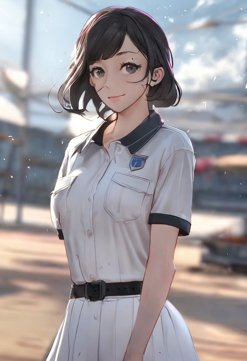 1girl, solo, white polo shirt, white sneakers, tennis wear, white mini skirt, masterpiece, best quality, realistic, super detailed, (shiny skin, sweating:1.4), ridiculous, looking at the audience, short black hair, brown eyes, slender, dynamic light and shadow, high resolution, sharp focus, depth of field, fine eyes, sharp pupils, realistic pupils, (big breasts: 2), (thighs: 1.0), outdoors, sky
