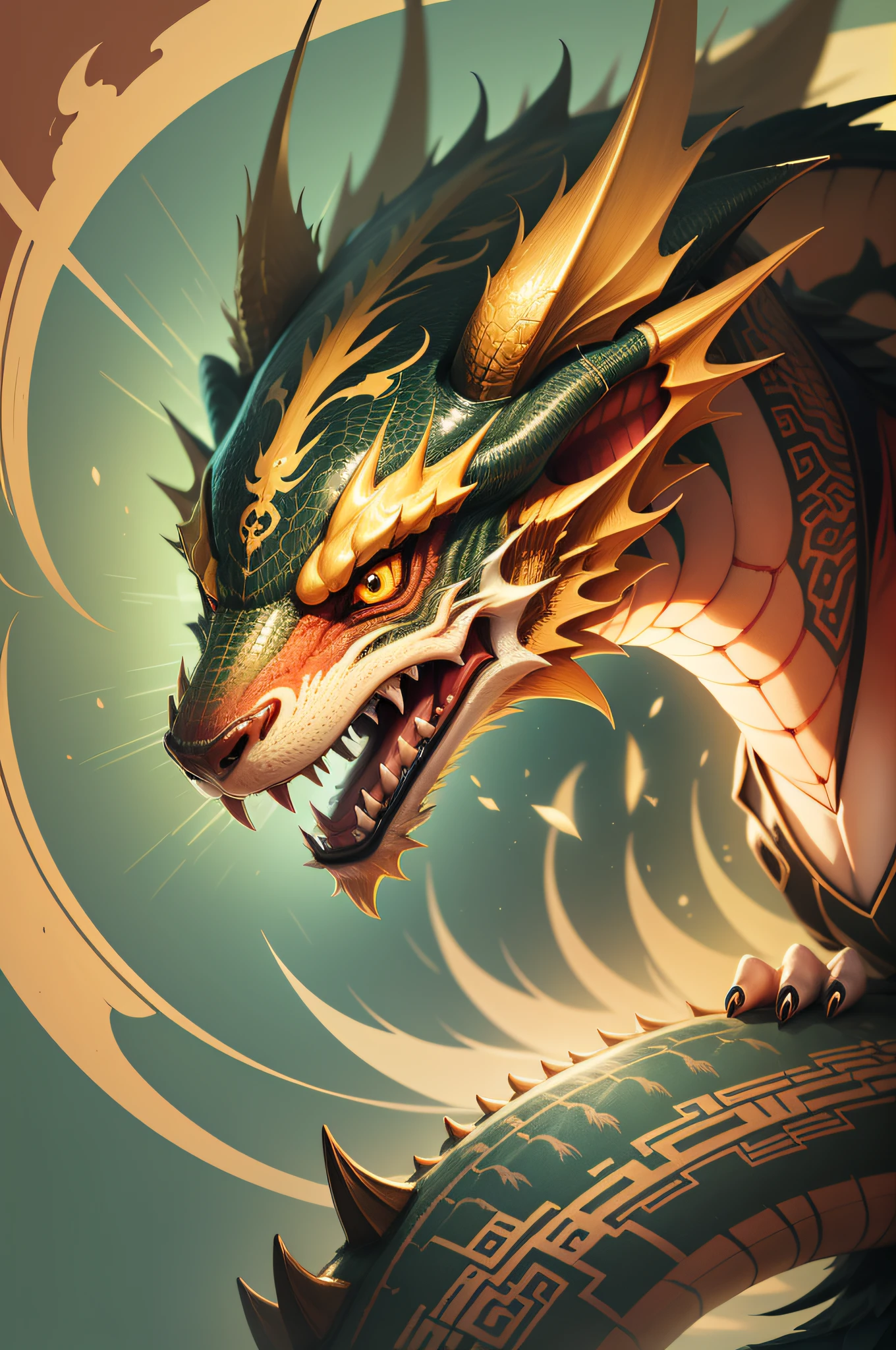 Panorama，Dragon and tiger combination creature in water(best quality，4K，8k，High level，masterpiece：1.2），Ultra Detailed，（lifelike，Photo real，Photo real：1.37），Highly detailed animals，Complex patterns，Realistic lighting，Fantasy Creatures