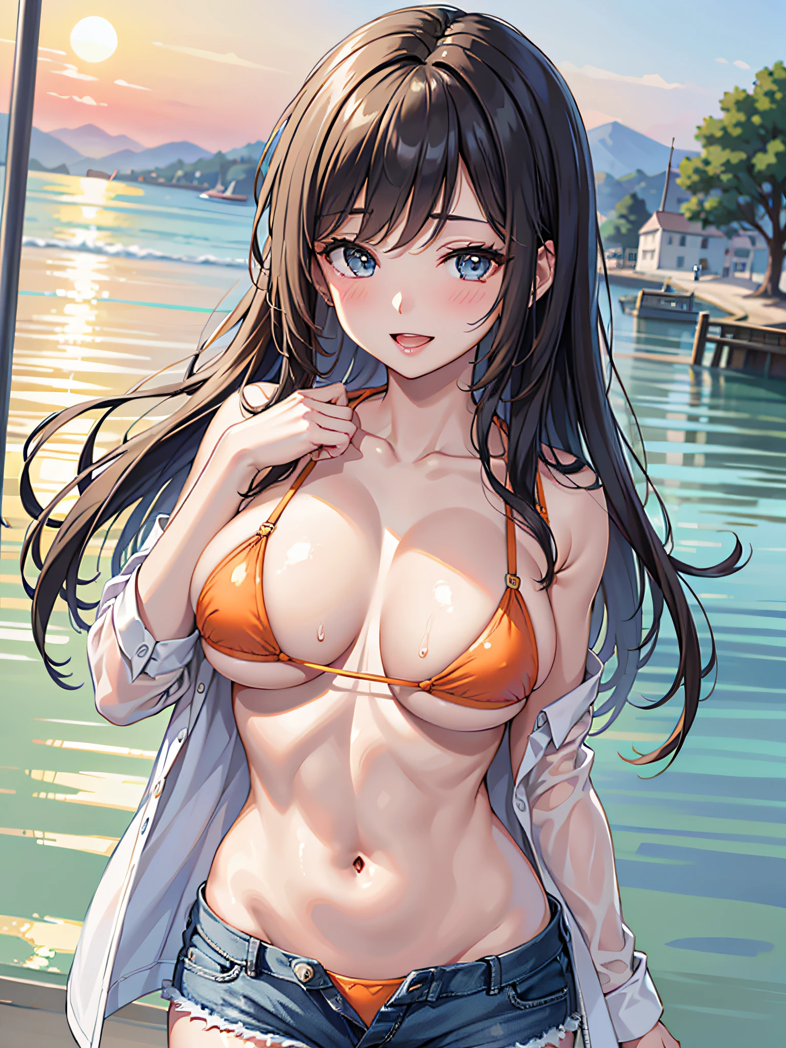 (1girl:1.3, solo), (Masterpiece, best quality, photorealistic, highres, photography, :1.3), ultra-detailed, sharp focus, professional photo, commercial photo, (upper body:1.3), (standing in water:1.3, at blue ocean), (((starring at the viewer:1.5))), (crossed arms:1.3, leaning forward:0.95), BREAK, 1girl, solo, milf, European girl, hot model, (attractive model:1.37), (promotional model:1.2), highly detailed eyes and pupils, realistic skin, (attractive body, large breast:1.25, thin waist:1.15), thin hair, single braid hair, shiny-black hair, extremely detailed hair, delicate sexy face, sensual gaze, shiny lips, BREAK, (orange bikini:1.3), (shorts:1.3), detailed clothes, BREAK, (outdoor, South California beach background, blurry background:1.25, simple background, no-human background, detailed background), (under sunset:1.37), BREAK, (attractive posing), ((realistic, super realistic, realism, realistic detail)), perfect anatomy, perfect proportion, bokeh, depth of field, hyper sharp image, (attractive emotion, seductive smile:1.2, happy:1.2, blush:1.2, :d:1.2, :p:1.2), 4fingers and thumb, perfect human hands, wind,