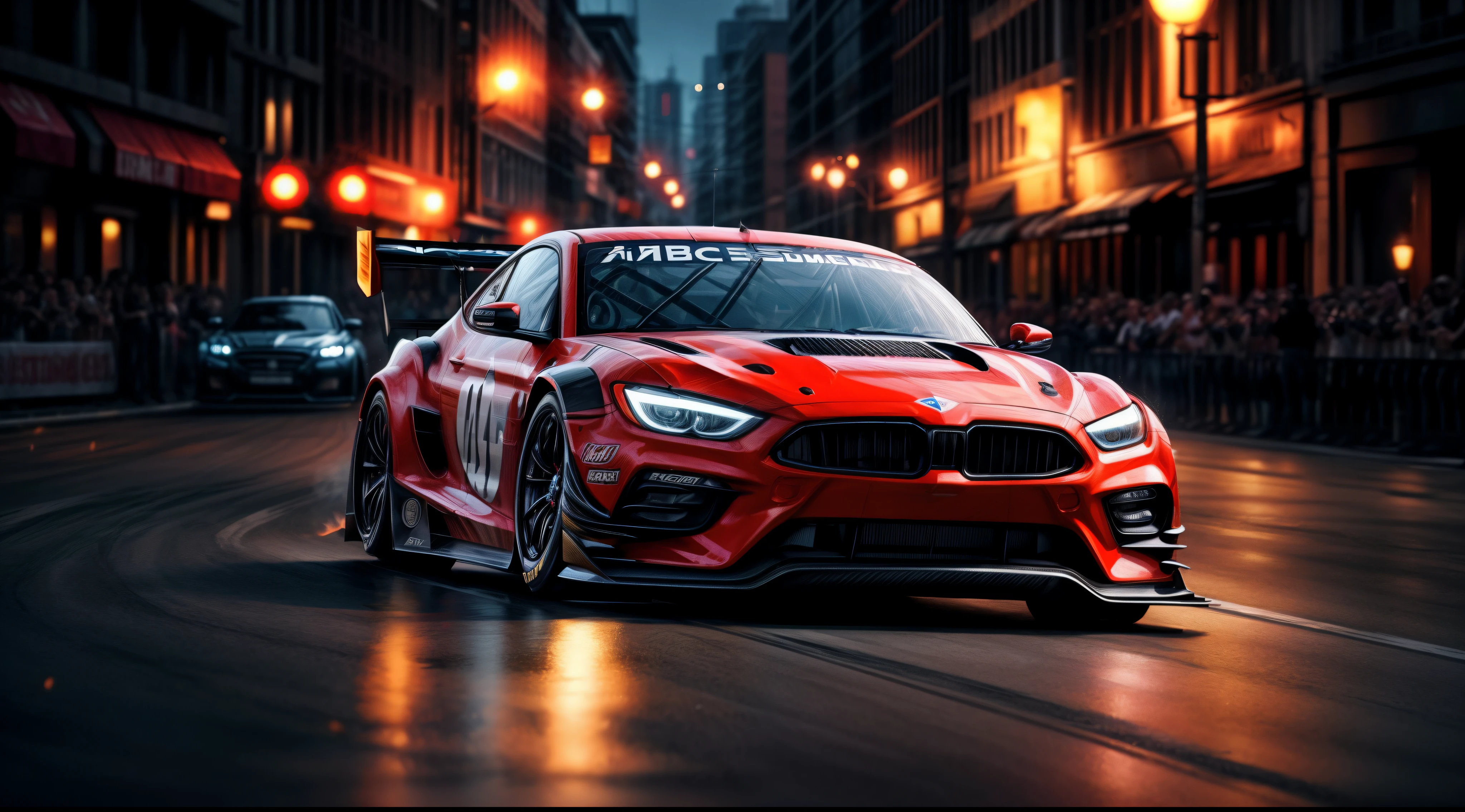 1 arafed wide body white racecar car driving on a city street at night, front view, head on view glowing ember headlights, aggressive front end, no emblems, no emblem on grill, hq 4k phone wallpaper, hq 4k wallpaper, 8k stunning artwork, wallpaper 4k, wallpaper 4 k, 4 k render, 4k render, cinematic 4k wallpaper, cinematic 4 k wallpaper, cinematic front shot, wallpaper mobile, extreme render, 8k render, 8 k render, shallow depth of field, micro-details, photorealism, photorealistic, motion blur,