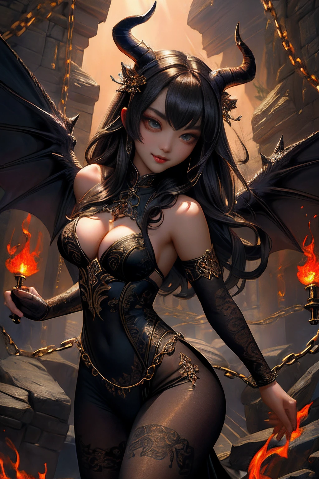 (Best quality, Masterpiece:1.2), 超高分辨率, Front lighting, intricately details, Exquisite details and textures, (Beautiful detailed eyes), (Beautifully detailed face), (Detailed skin:1), absurderes, Cinematic lighting, Dynamic Angle, Dynamic pose, Soft shadows,
A succubus in a tights, Horns, poison fangs, Seductive pose,
Chains, whips, Fire,
Hell scenery,Normal chest,Spread demon wings