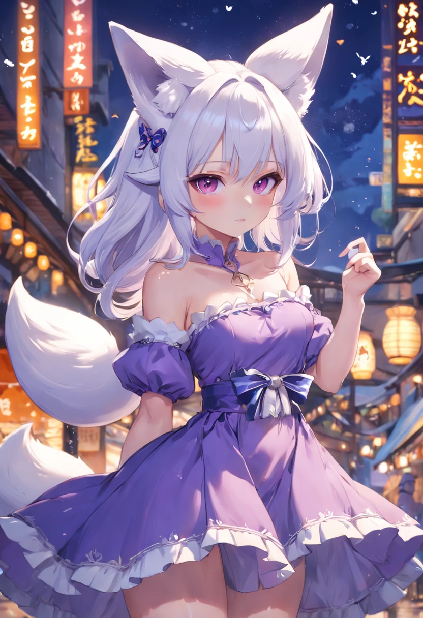 The anime wears a purple cake dress with two snow-white fox ears on her head,and a snow-white fox tail,The style image of the woman、8K high-quality detailed art、High detail official artwork、Art station Pixiv fashion trends、Guweiz on the Pixiv Art Station、GWISE AT THE ART STATION PISIPHUS、Kushat Klentzky Art Feminine、cute anime waifu in a nice dress、NSFW, (8K, RAW photography, top-quality, tmasterpiece:1.2), (hentail realism, Photorealsitic:1.37), ultra - detailed, 1 rapariga, 独奏, e Babrtle, Beautiful detailed sky,nigh sky