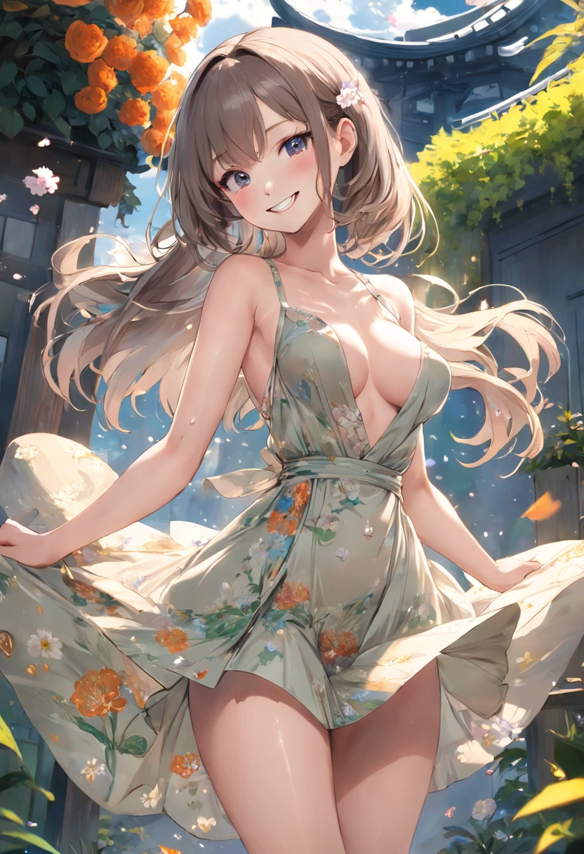 (Masterpiece, high quality, high detail), a girl, Ze Tai Long Iki, sexy, detailed face, smile, folio dress, thin waist, broken flowers, silk dress, romantic style, thin fabric, exposed figure, from below, garden, medium breasts, no panties, thin cloth, thighs, dream style