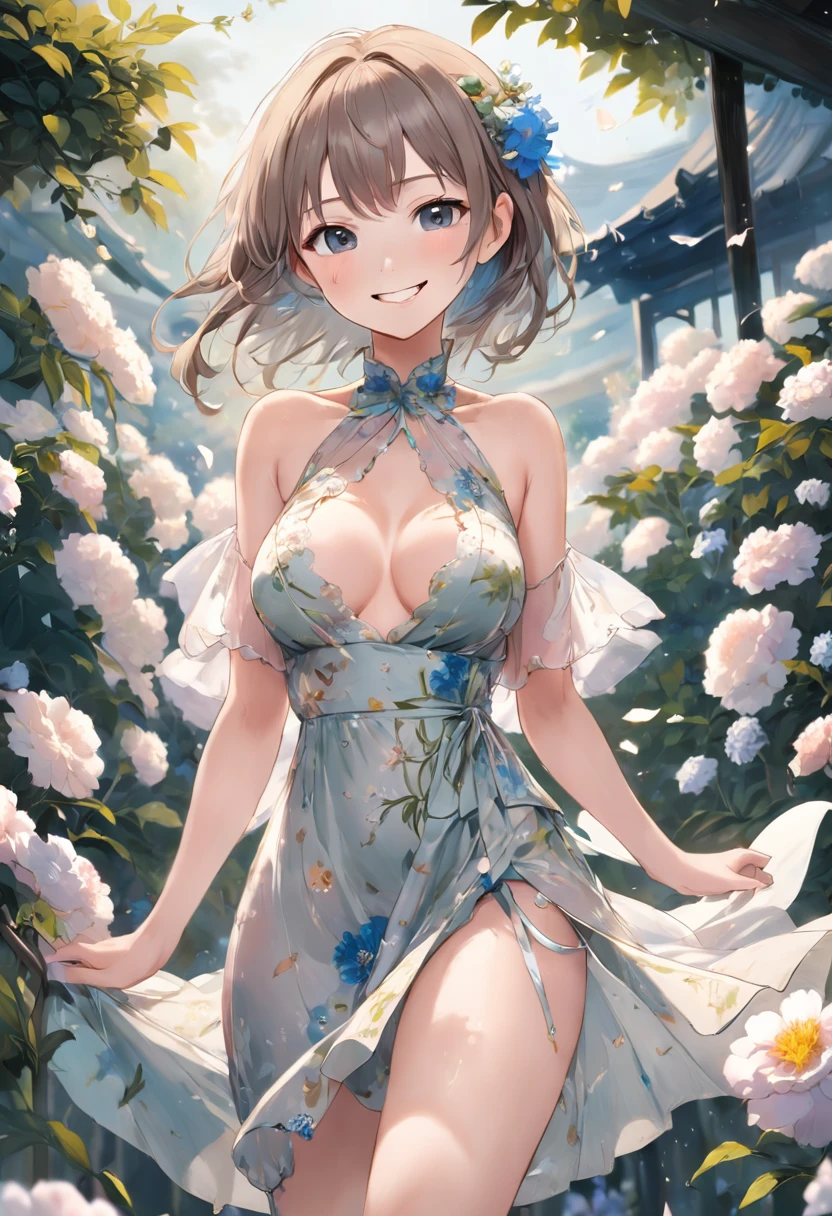 (Masterpiece, high quality, high detail), a girl, Ze Tai Long Iki, sexy, detailed face, smile, folio dress, thin waist, broken flowers, silk dress, romantic style, thin fabric, exposed figure, from below, garden, medium breasts, no panties, thin cloth, thighs, dream style