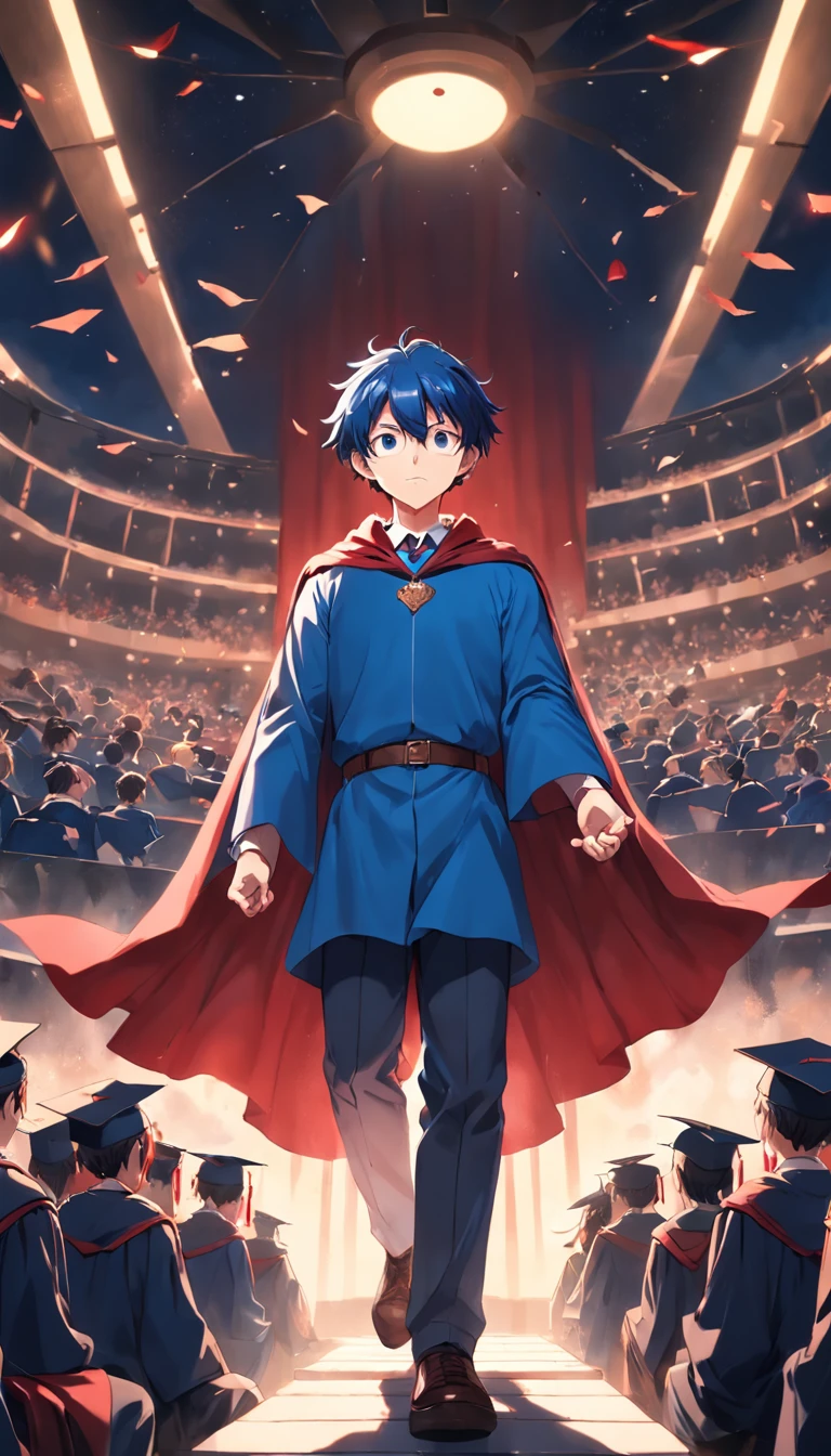 Mature male blue clothes red cape with classmates graduation cap ultra-wide angle