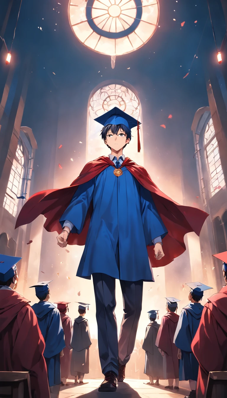 Mature male blue clothes red cape with classmates graduation cap ultra-wide angle